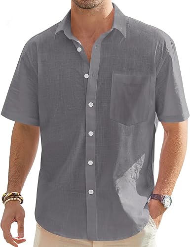 Miniatura 66 de J.VER Camisas de manga corta de lino y algodón para hombre, estilo informal, ligeras, con botones, para vacaciones, playa y verano, con bolsillo
