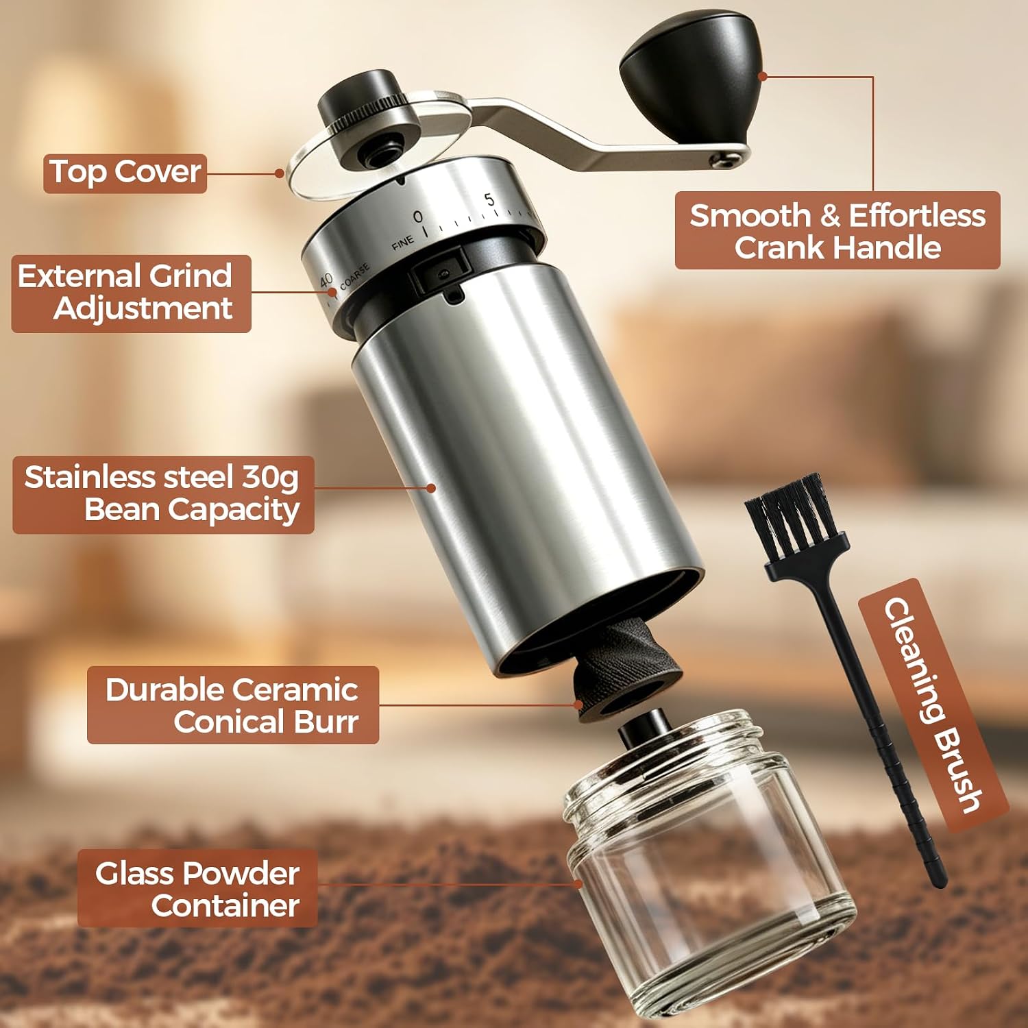 YQE Mini Manual Coffee Grinder with 40 External Grind Settings, Ceramic Conical Burr Hand Coffee Grinder, Portable Coffee Bean Mill for Espresso, Pour Over, French Press, Camping, Travel
