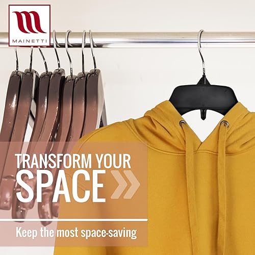 Miniatura 5 de Mainetti 485 - Ganchos de plástico negro con garfio giratorio de metal y muescas para tirantes, ideal para camisas, tops y vestidos, miden 38 cm