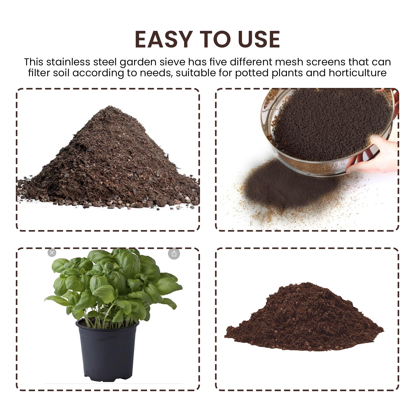 Tamis De Jardin Rond,20 Cm Tamis De Jardin En Acier Inoxydable Avec 5 Tailles De Tamis Interchangeables 3/6/9/10/12 MM Et Une Pelle,Tamis A Compost En Acier Inoxydable,Tamis De Jardinage Pour Terre