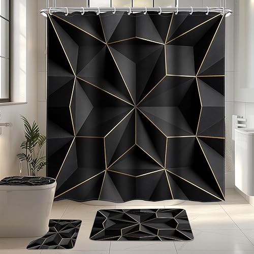 LIGHTINHOME 4 PCS Modern 2D Black Gold Shower Curtain Set