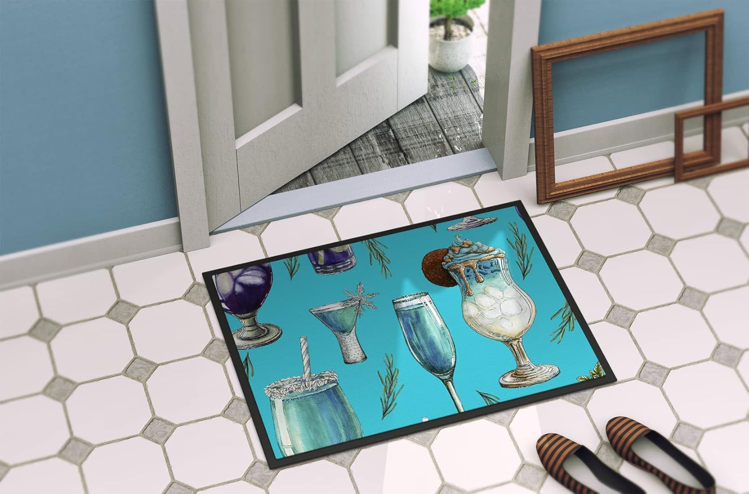 Caroline's Treasures BB5203JMAT Drinks and Cocktails Blue Doormat 24x36 Front Door Mat Indoor Outdoor Rugs for Entryway, Non Slip Washable Low Pile, 24H X 36W