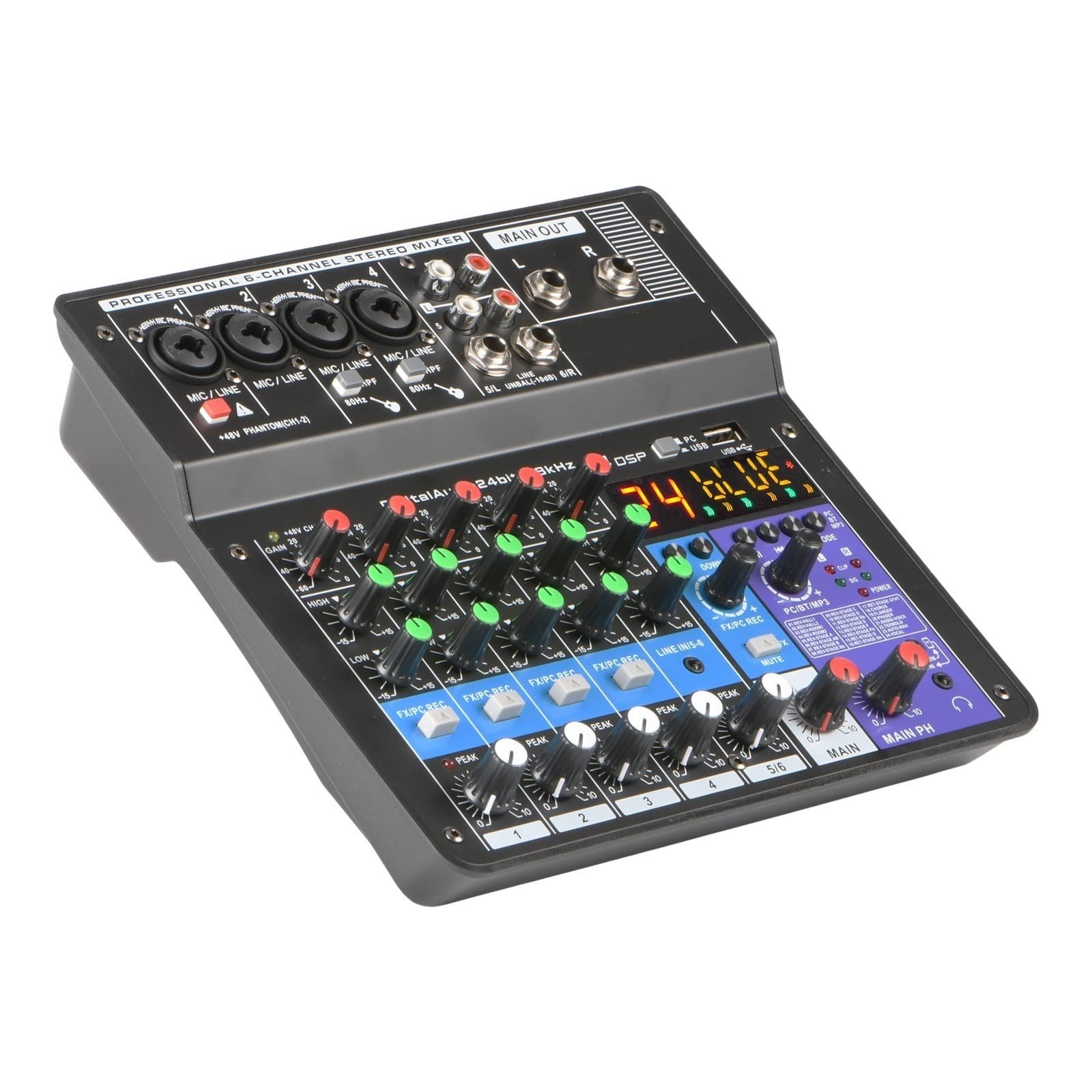 Consolle DJ, Console di missaggio a 6 canali Mobile USB Registrazione computer Riproduzione Mixer ingresso alimentazione phantom 48V A6