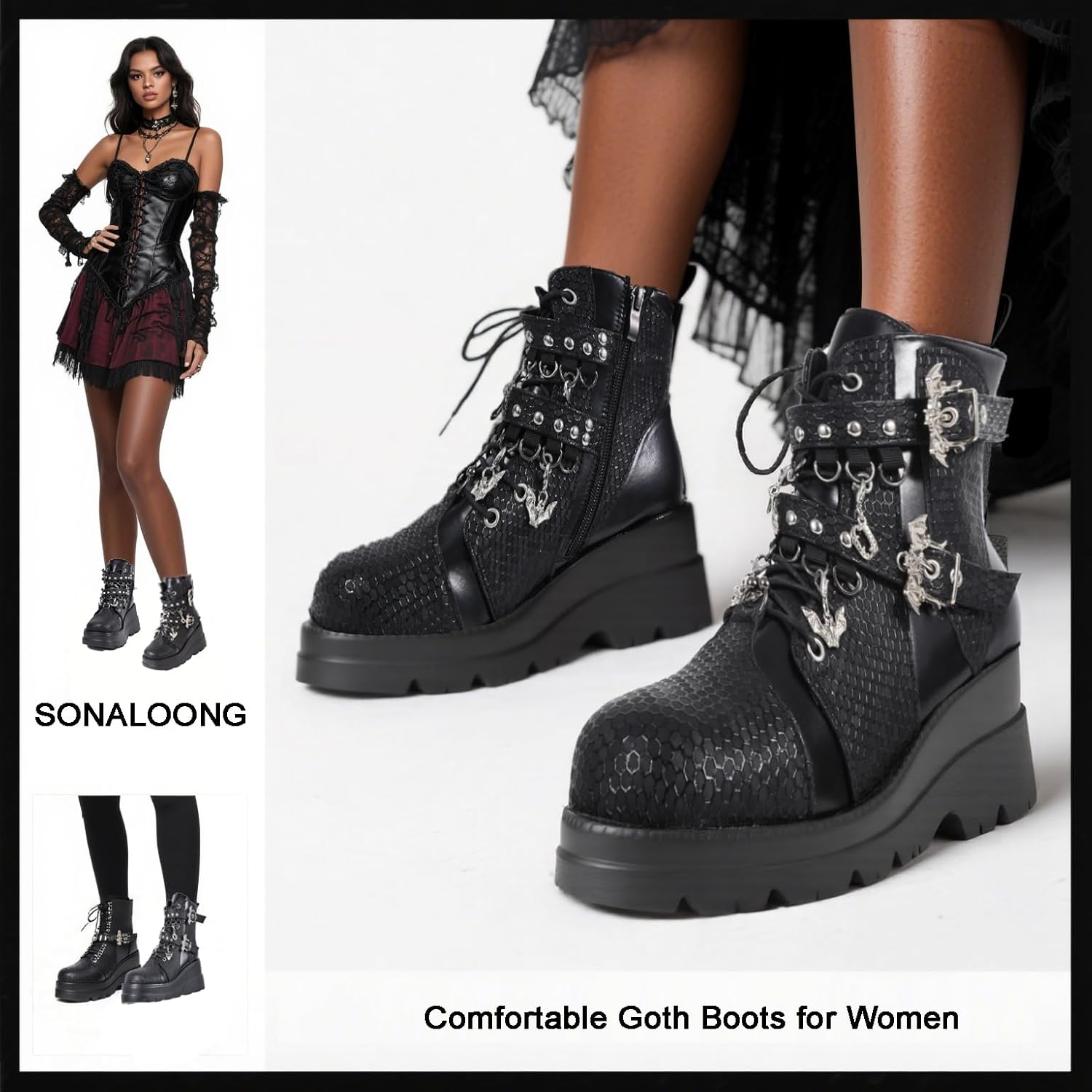 Goth Chunky Ankle Boots for Women - Bat Buckle DIY Platform,Zip Round Toe Lace Up Combat Bootie, Wedge Rave Boots Black Punk Shoes - Light Weight & Waterproof - Image 5