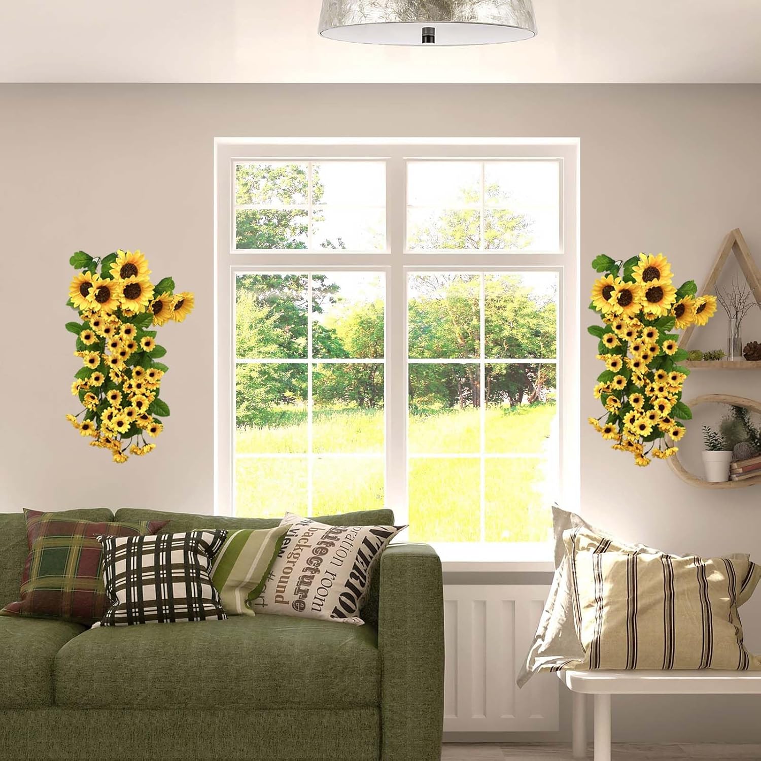 Daily Treasures 2PCS Artificial Hanging Flower,176 Realistic Silk Sunflowers Heads in Mixed Size,Wall Hanging Faux Sunflowers,Artificial Sunflower Decoration for Outdoor Home Summer Garden Yellow
