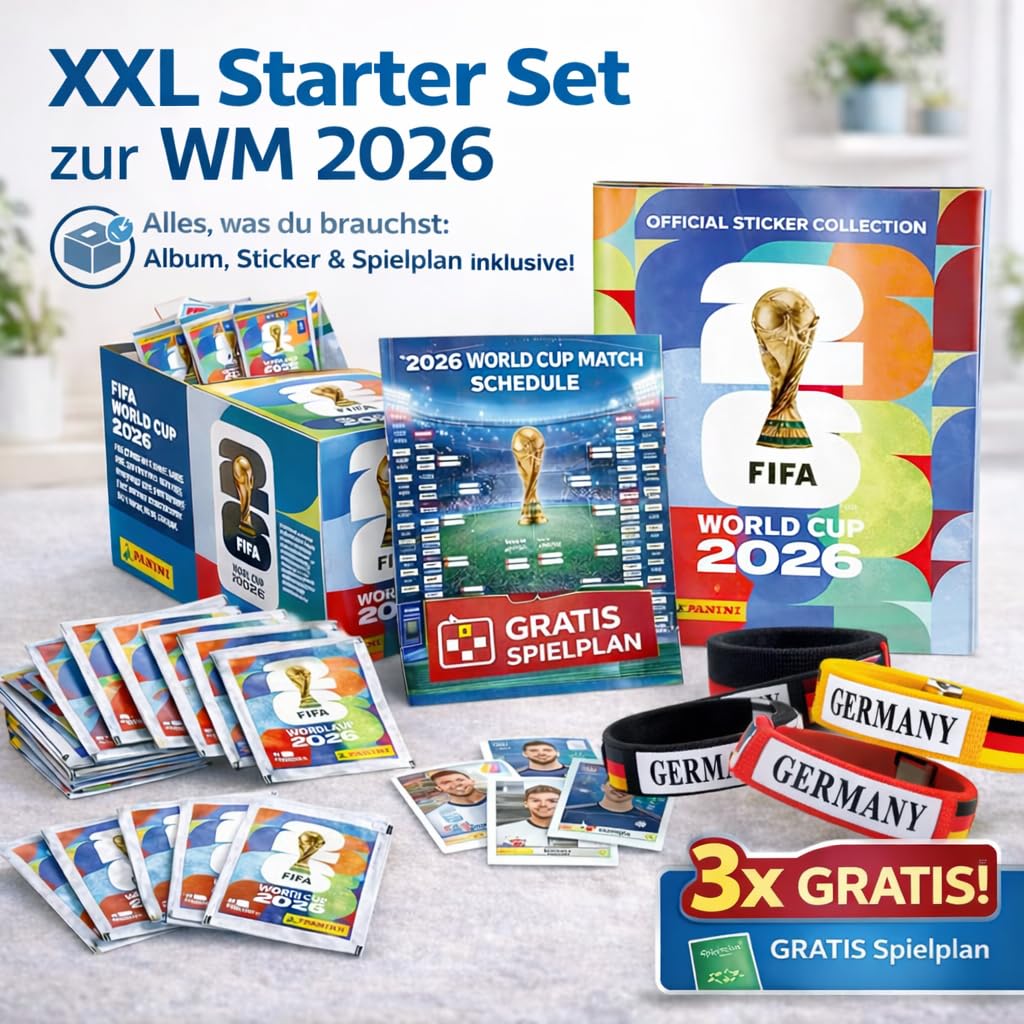 Set Starter XXL – Figurine Panini Coppa del Mondo 2026 con 1 Album & Figurine – 1 Calendario Partite Coppa del Mondo 2026 & 3 Braccialetti Germania (1 Confezione/Set 13 Pezzi) Bundle privata