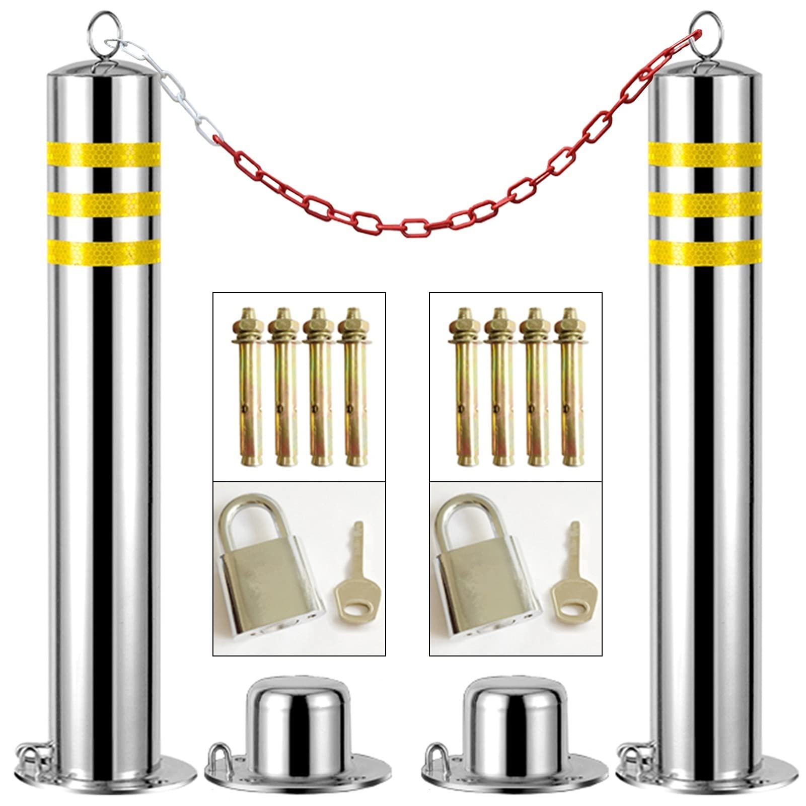 MOKLYF 2 Pieces Car Parking Space Lock Bollard,Removable Stainless Steel Parking Bollards with Padlock & 3m Plastic Chain Parking Barrier Post