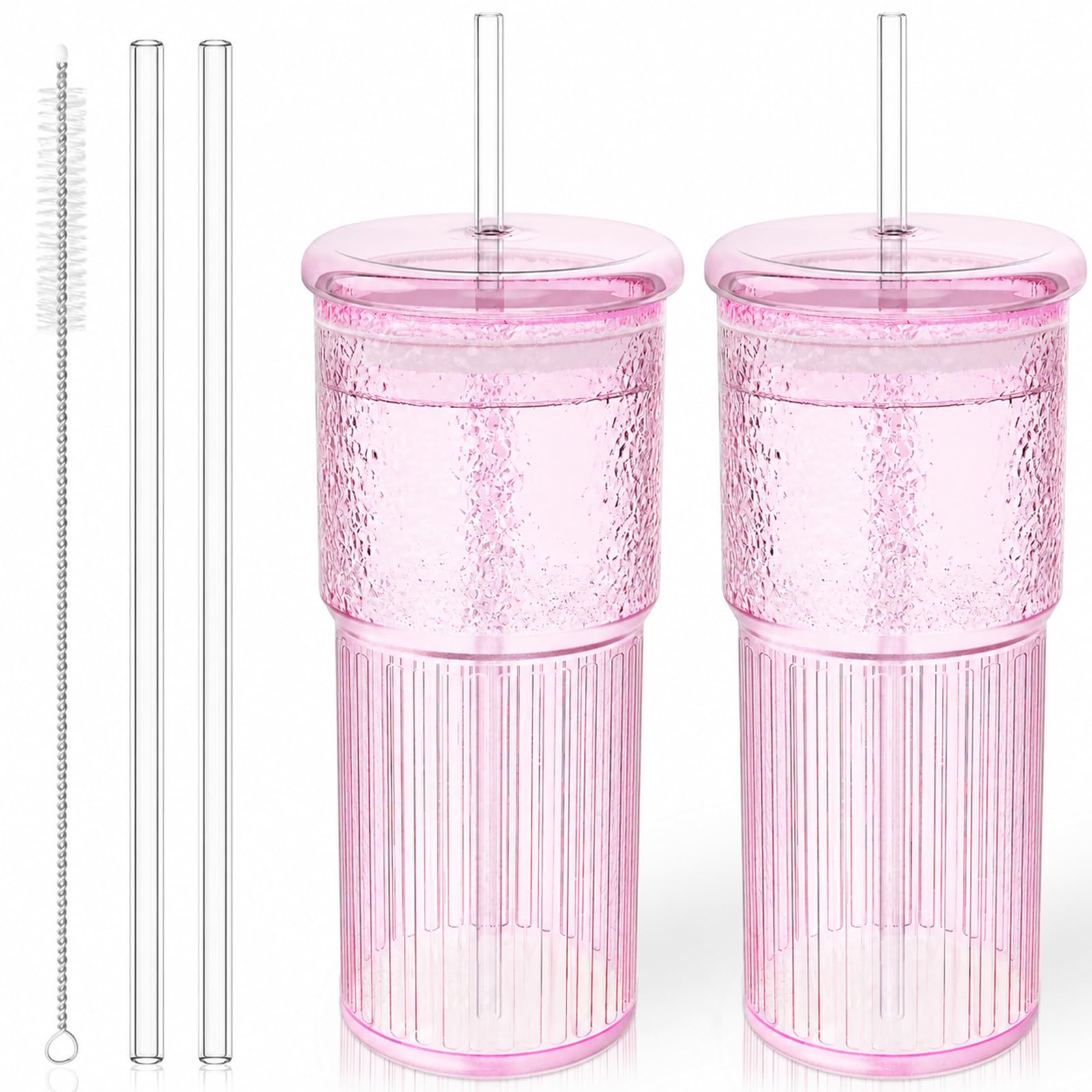 Luiaiog Glass Cups with Lids and Glass Straws, High Borosilicate 20OZ Pink Tumblers (2Pcs) for Coffee, Tea, Juice, Smoothies, Hot &amp; Cold Drinks at Home/Office
