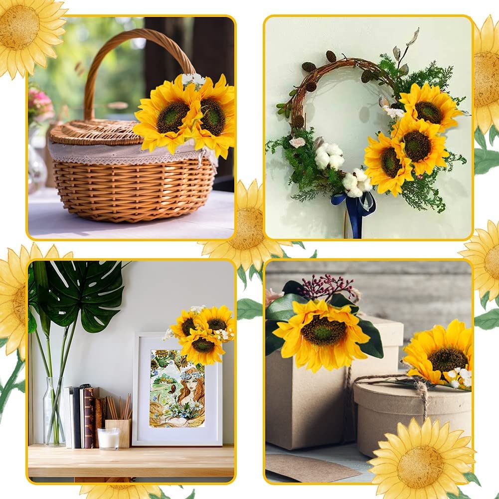 Composizione Di Girasoli Artificiali In Vaso - 3 Mazzetti In Seta Con Vaso Giallo, Corda Di Iuta E Ciondolo Cuore, 30,5 Cm, Decorazione Casa