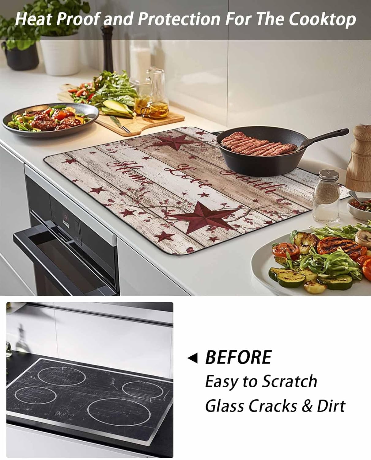 Stove Top Cover Barn Star Berry Stove Cover for Electric Stove Top Brown Wood Faith Love Home Glass Cooktop Covers Anti-Slip Mat Heat Resistant Countertop Protector Kitchen Decor 28.5"x20.5"