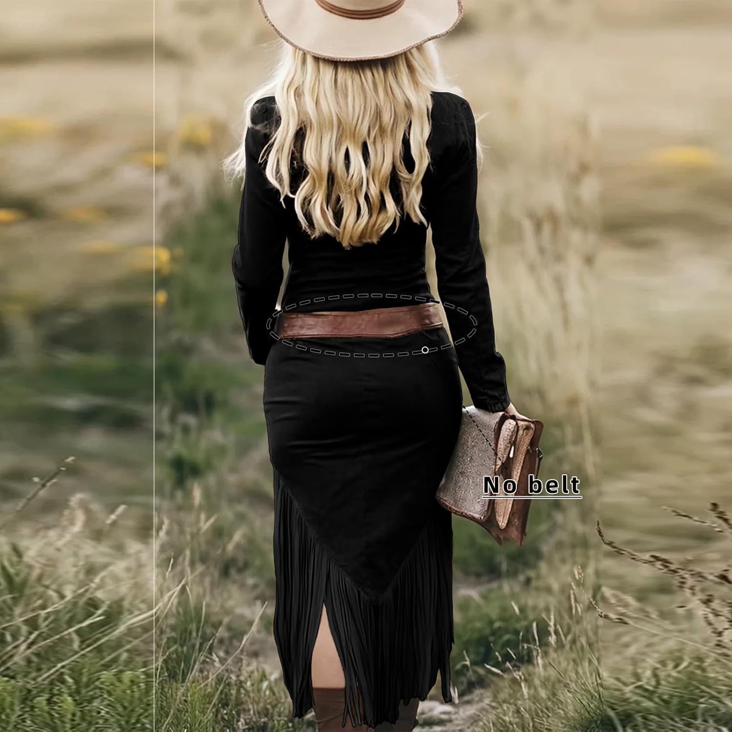 Western Cowboy Style Faux Suede Fringed Slim Fit Long Sleeve Dress Women's High Slit Half-Zip Sexy Irregular Dress - Image 6