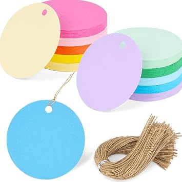 SallyFashion 200PCS Round Gift Tags, Colorful Gift Tags with String 2x2 inch for Present Wrapping Craft Project Wedding Favors Clothing