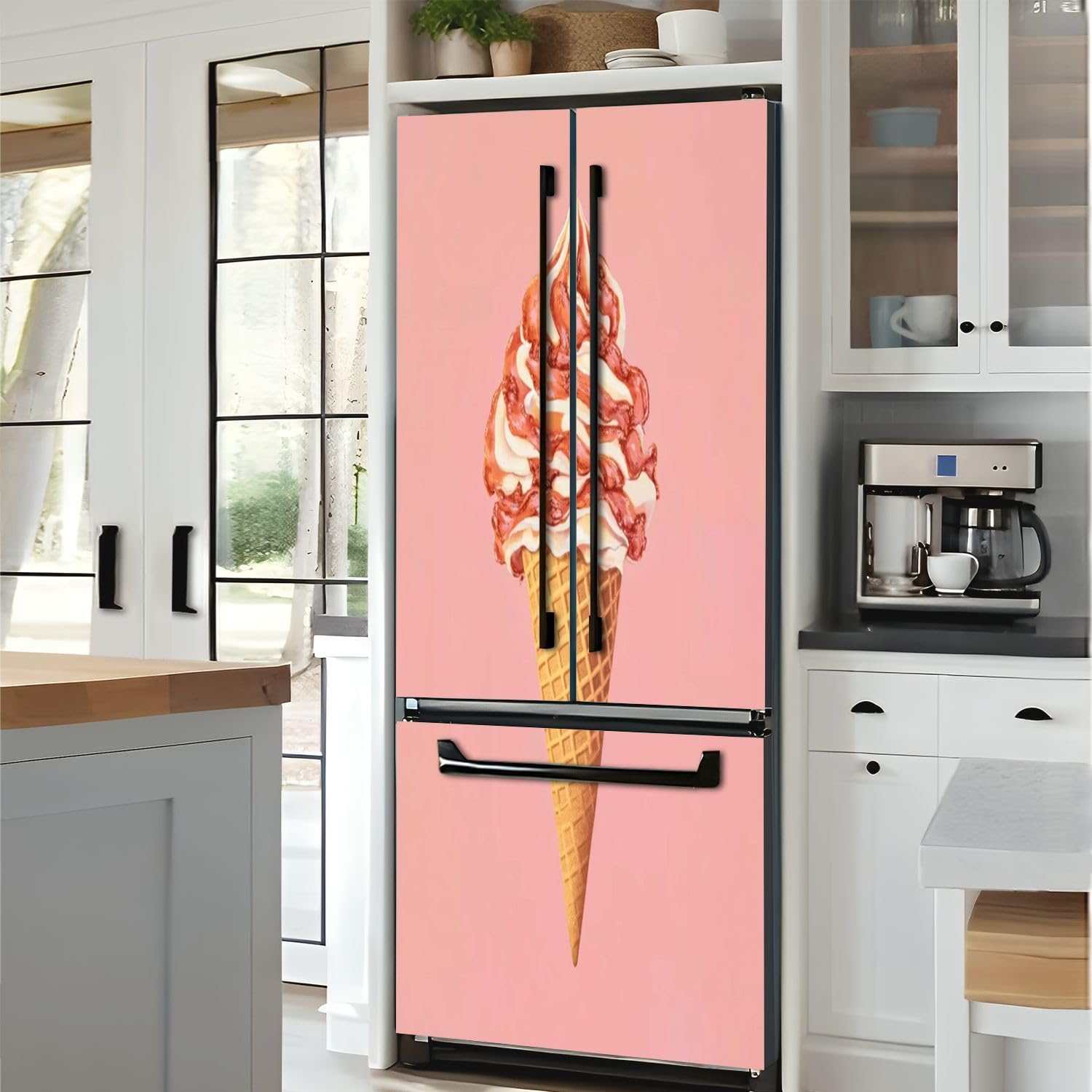 Self Adhesive Vinyl Refrigerator Wrap Ice Cream Cone Full Crispy Bacon Against Pastel Pink Door Mural Sticker Peel and Stick Removable Door Cover Fridge Wrap Decal for Kitchen Decor