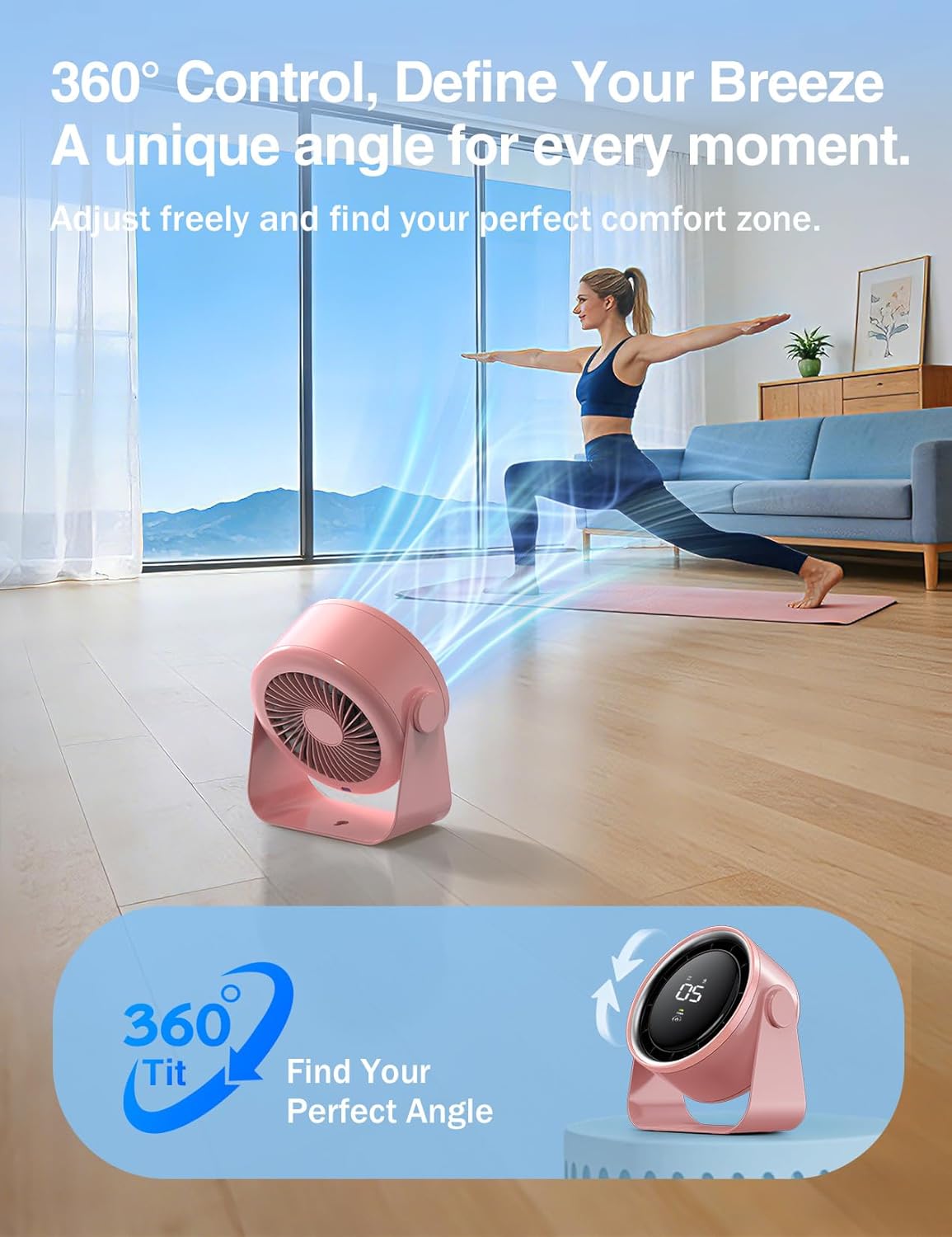 Small Desk Fan, Ultra-Quiet Desktop Air Circulator, Touch Screen Control, Multi-Speed Desktop Fan with LED Light, Quiet Table Fan for Bedroom, USB Rechargeable Small Fan for Desk (Pink)