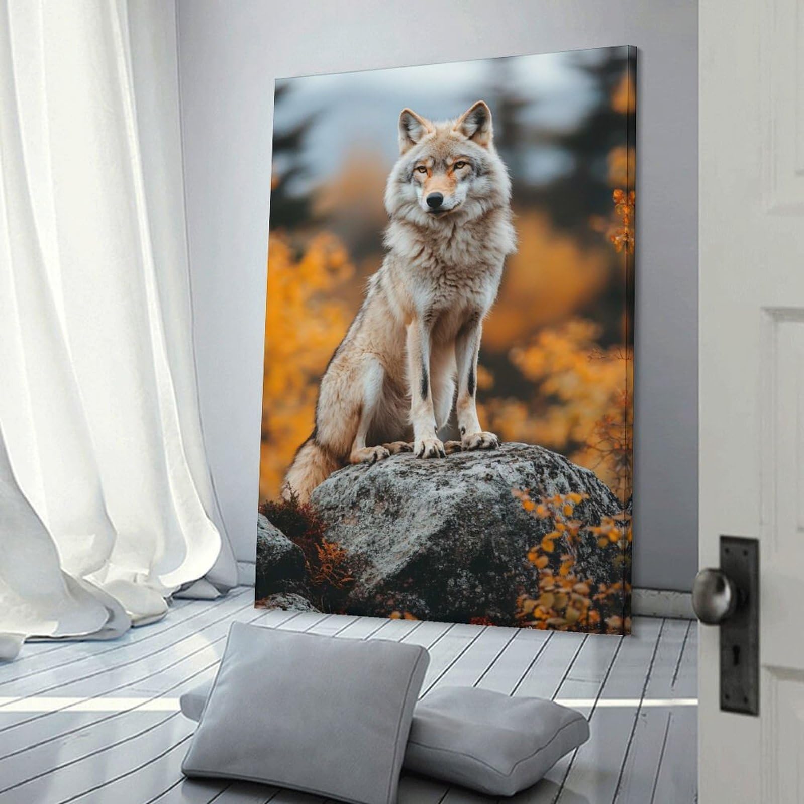 Junmoney Wolf Portrait on Rock in Autumn Canvas Wall Decor 12x18inch(30x45cm), for Calm Bedrooms, Home Corners Or Flats, An Easy Wall Refresh for Bedrooms