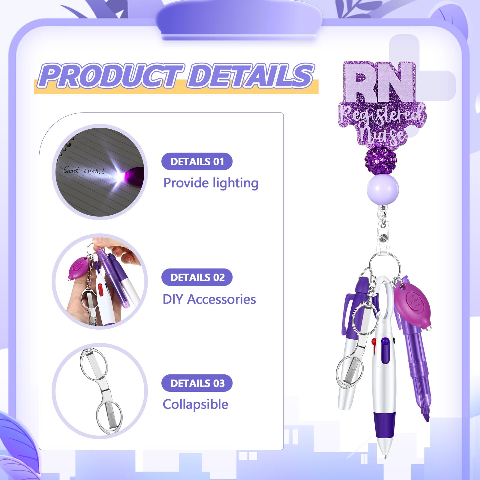 Dunzoom 6 accessori per badge da infermiera, includono bobina per badge RN, pennarello indelebile, penna a sfera retrattile, evidenziatore, forbici pieghevoli, portachiavi con torcia LED per