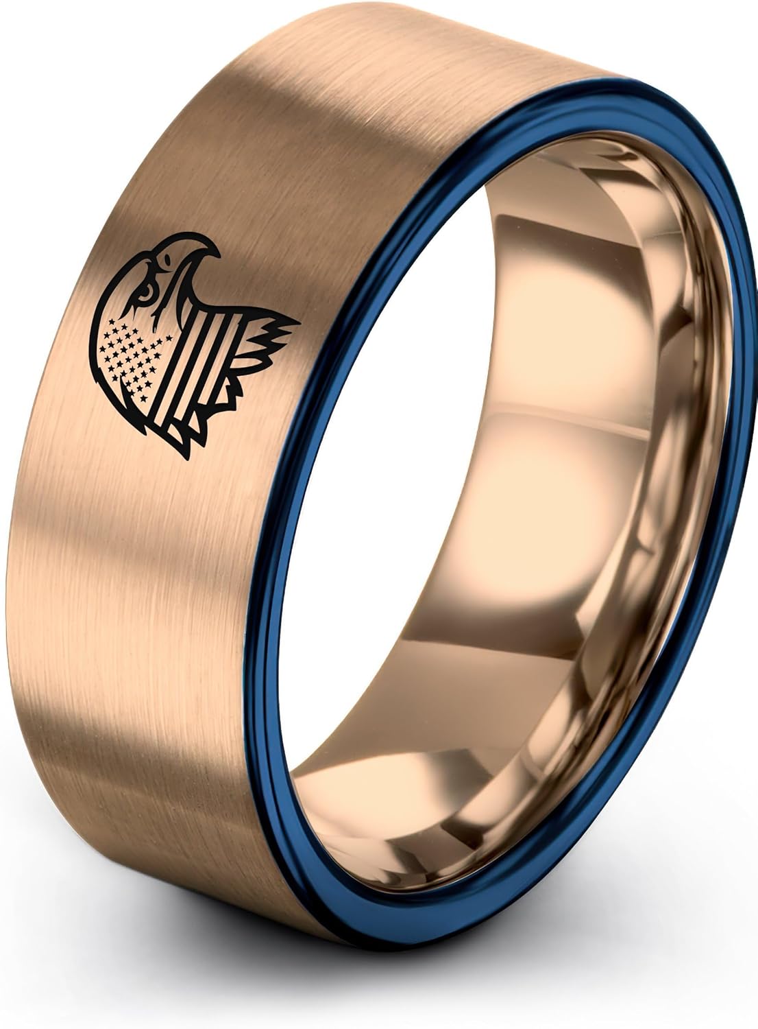 Gift for Patriotic American - American Flag Eagle Ring - Tungsten - 8mm - Personalized Custom Engraving - Brushed Polished - Men Women - Band - Anniversary Wedding - Flat Dome Bevel - Blue Yellow Rose