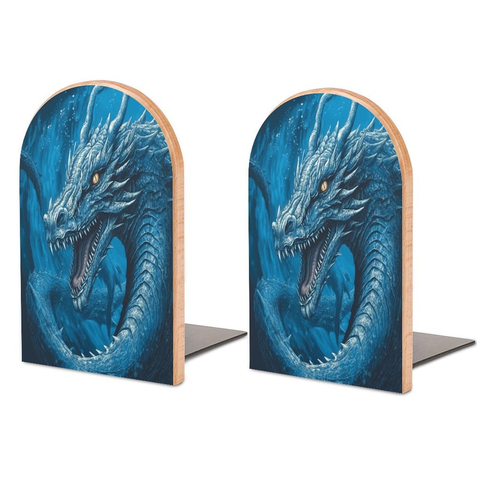Sujetalibros de madera para estantes decorativos Dragon Cool Blue en salones