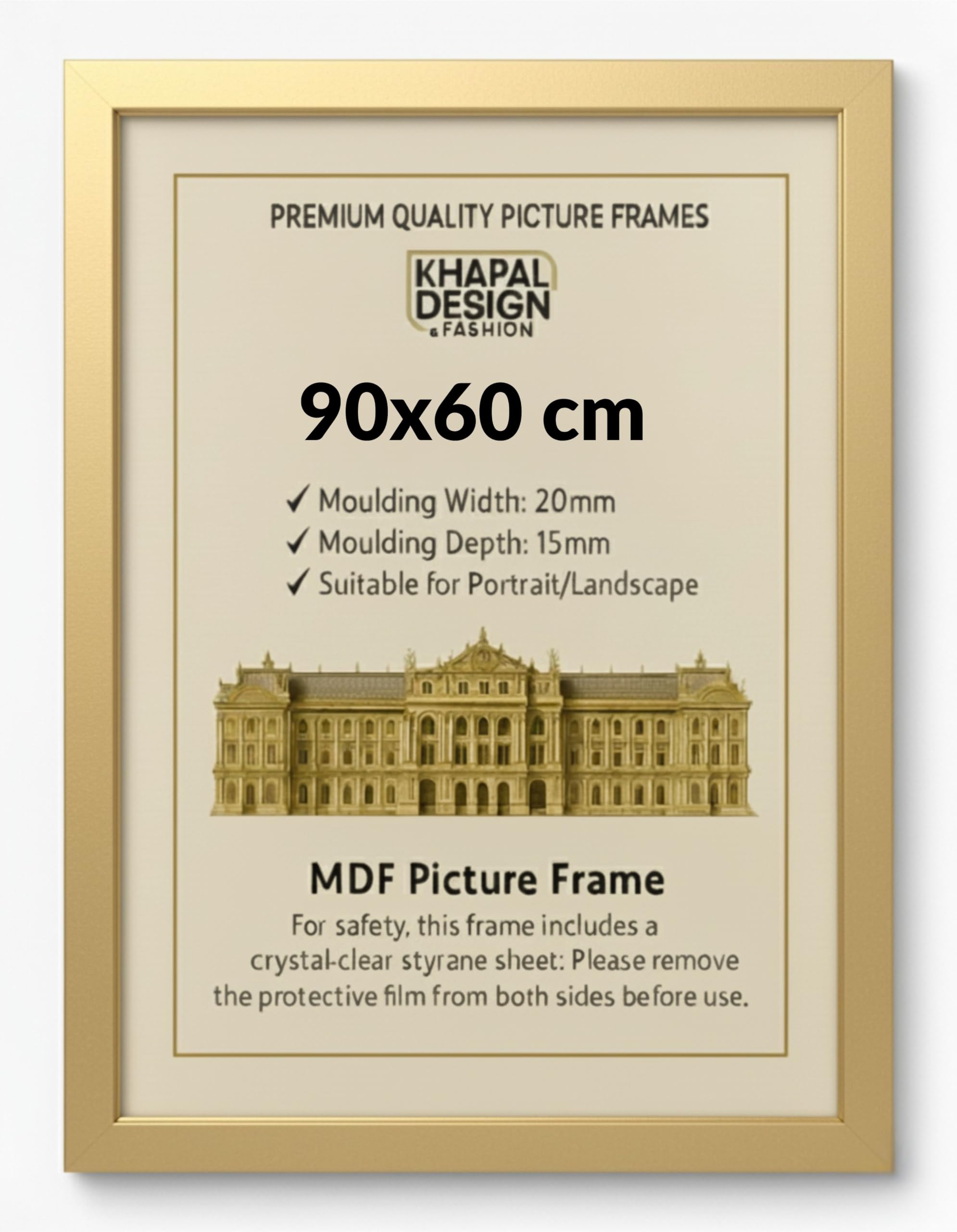 90x60 cm Picture Frame – MDF Photo Framet | Posters Prints Certificates Home Office Gallery Décor - (Gold)