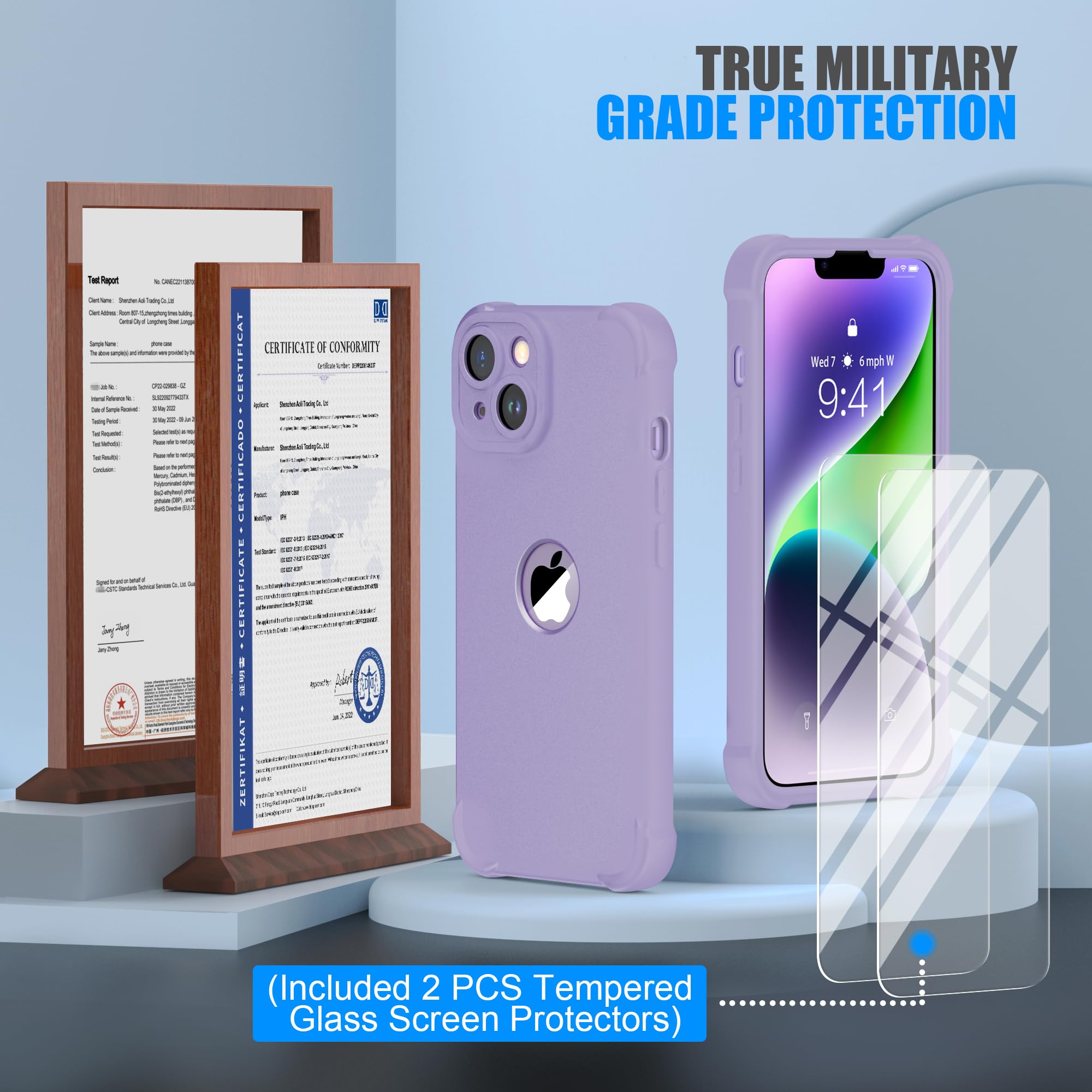 ORETECH Compatibile con Cover iPhone 14, Custodia iPhone 14 con [ 2 x Pellicola Protettiva Vetro Temperato] 2 in 1 Ultra Sottile Antiurto Hard PC Silicone Anti Graffio Cover per iphone 14 - Lillà - Vista 3