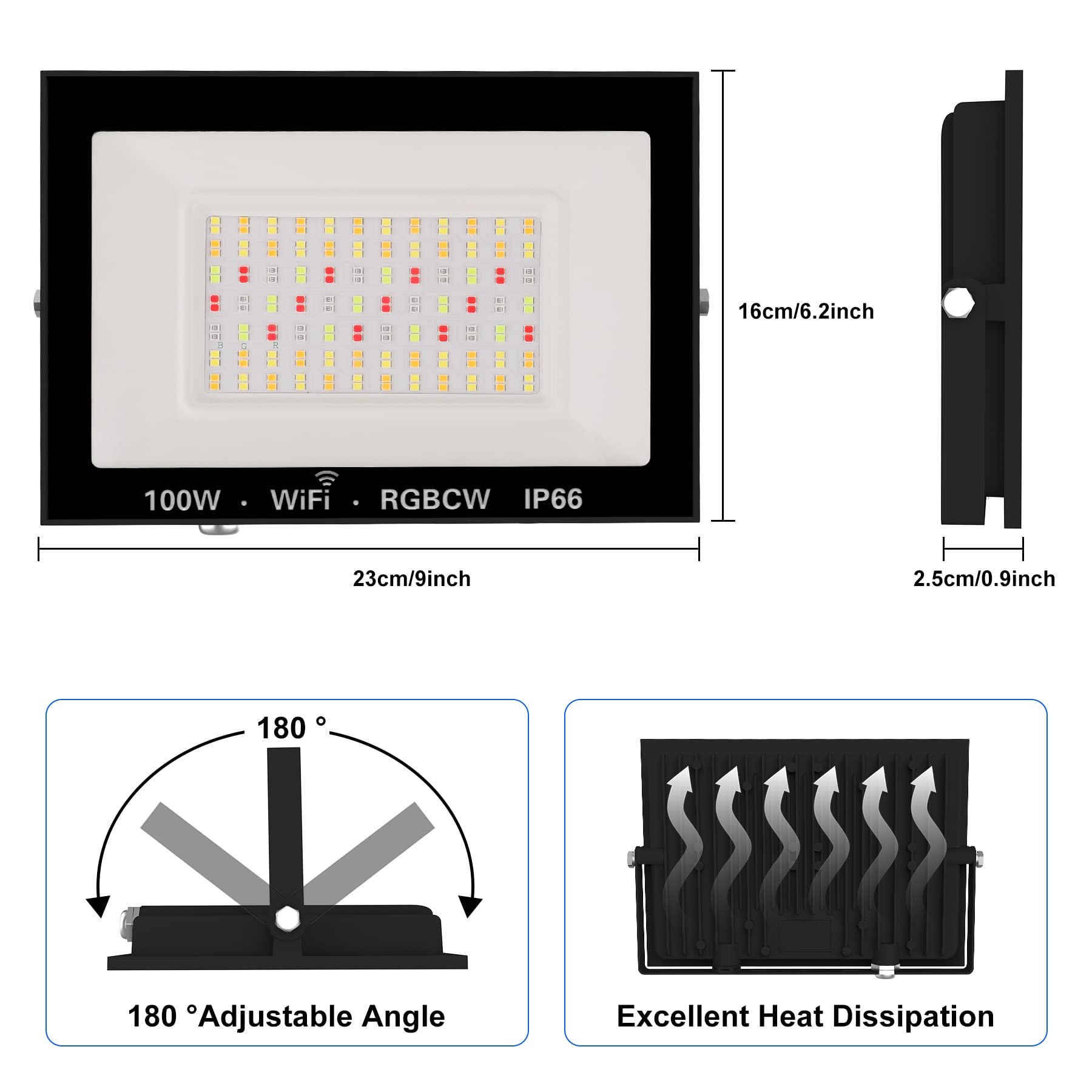 NATPOW Faretto LED per esterni 100W, faretti led esterno con telecomando e controllo app Bluetooth, dimmerabile proiettori che cambia colore, IP66 impermeabile per giardino, cortile, feste (2 pezzi)