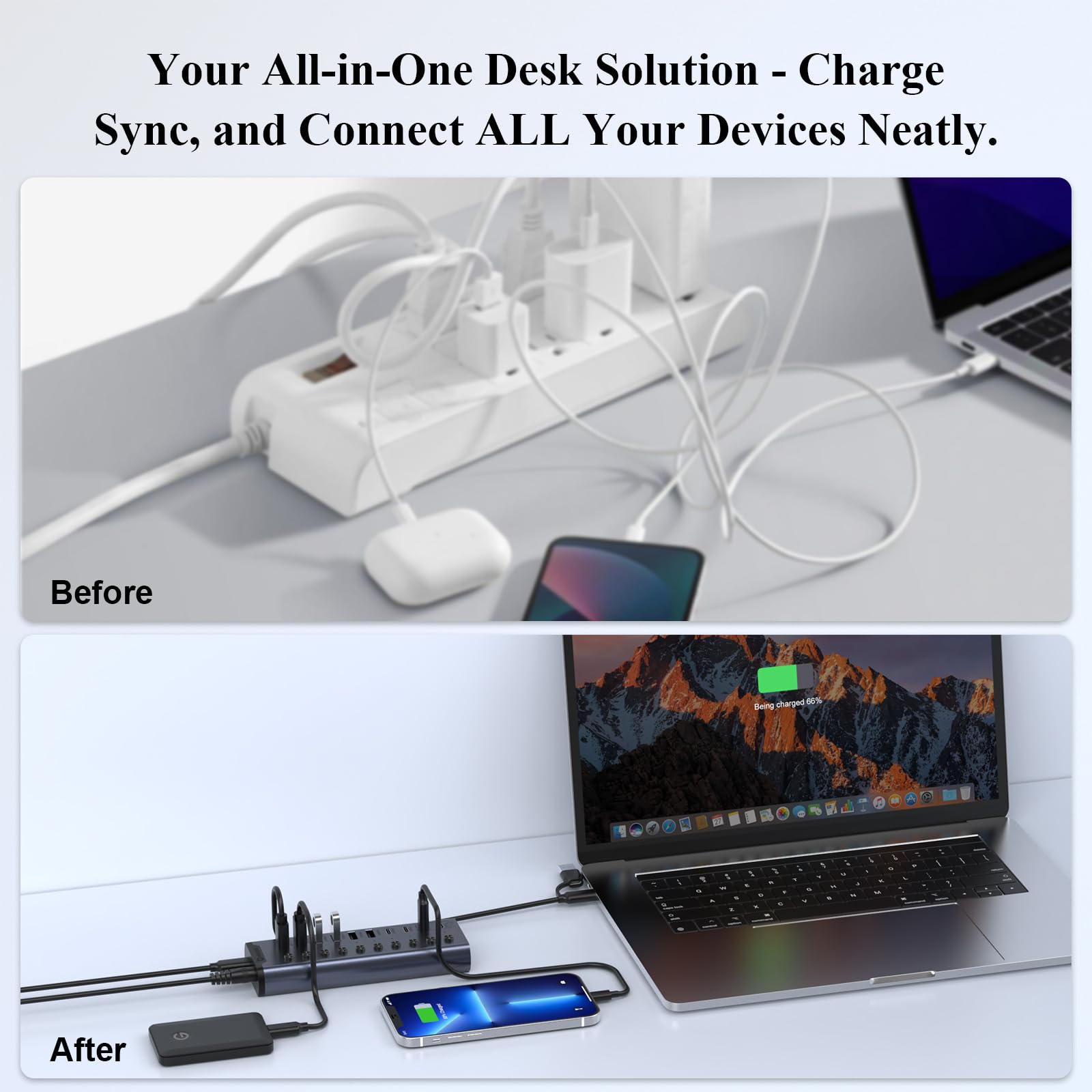 Hub USB alimentato, hub USB C a 10 porte con 6 porte USB-A 3.2, 4 porte USB-C 3.2, 2 porte di ricarica PD 45 W interruttori individuali e adattatore di alimentazione 24V/3A, estensione USB per MacBook