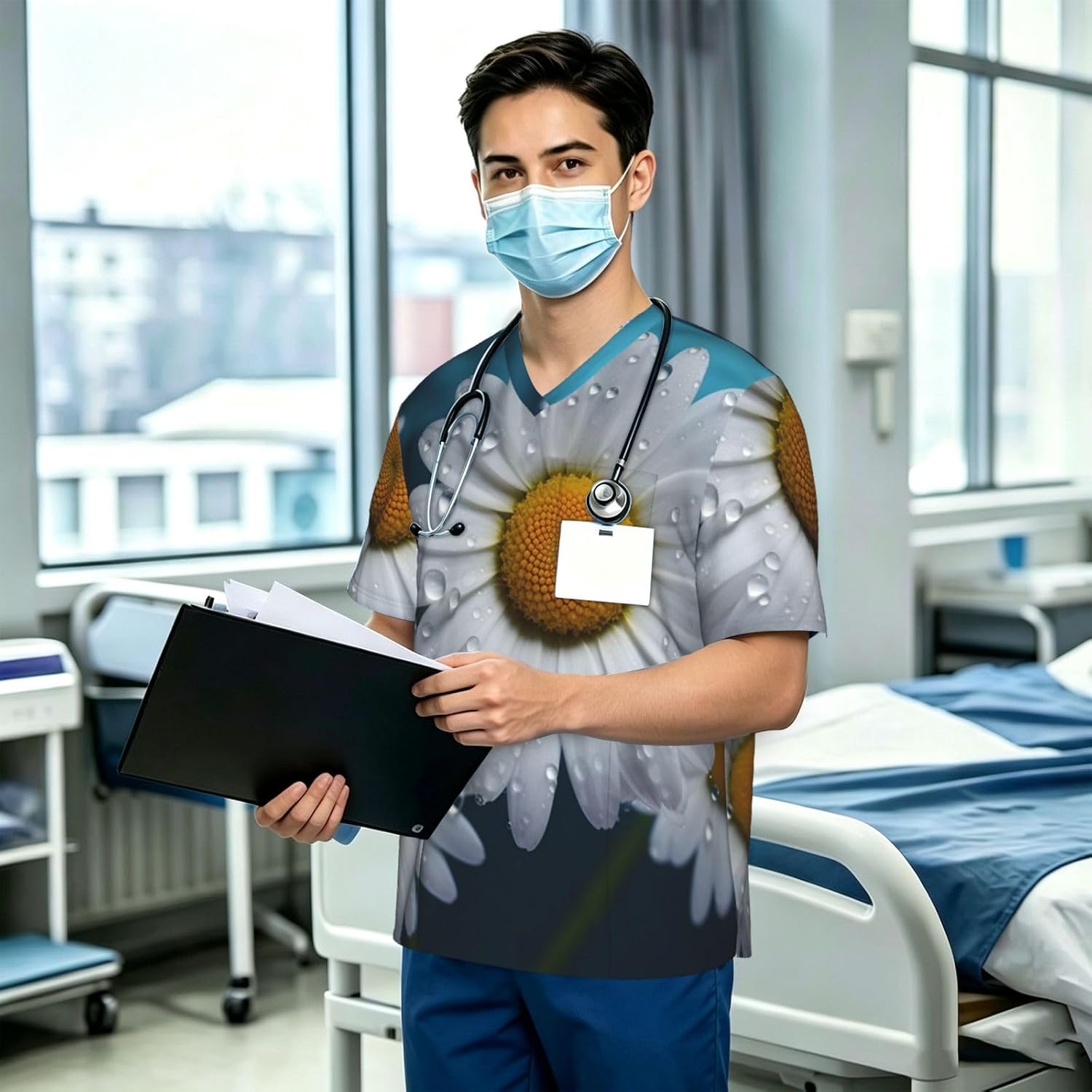 Professional Scrub Tops for Men, Classic V-Neck Workwear with 3 Pockets