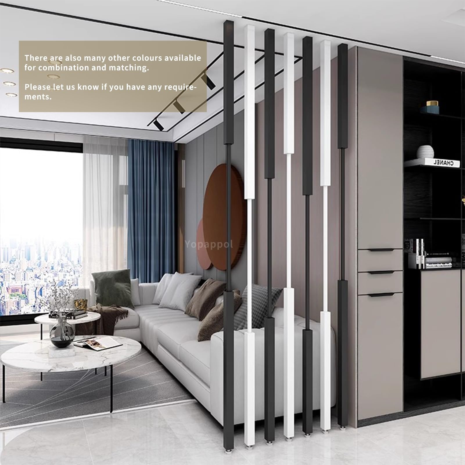 Separador de habitación de pared ajustable de 100-300 cm, partición de metal para oficina en casa, restaurante, decoración de entrada, paneles de privacidad independientes (5 piezas-A, 150 cm / 59in)
