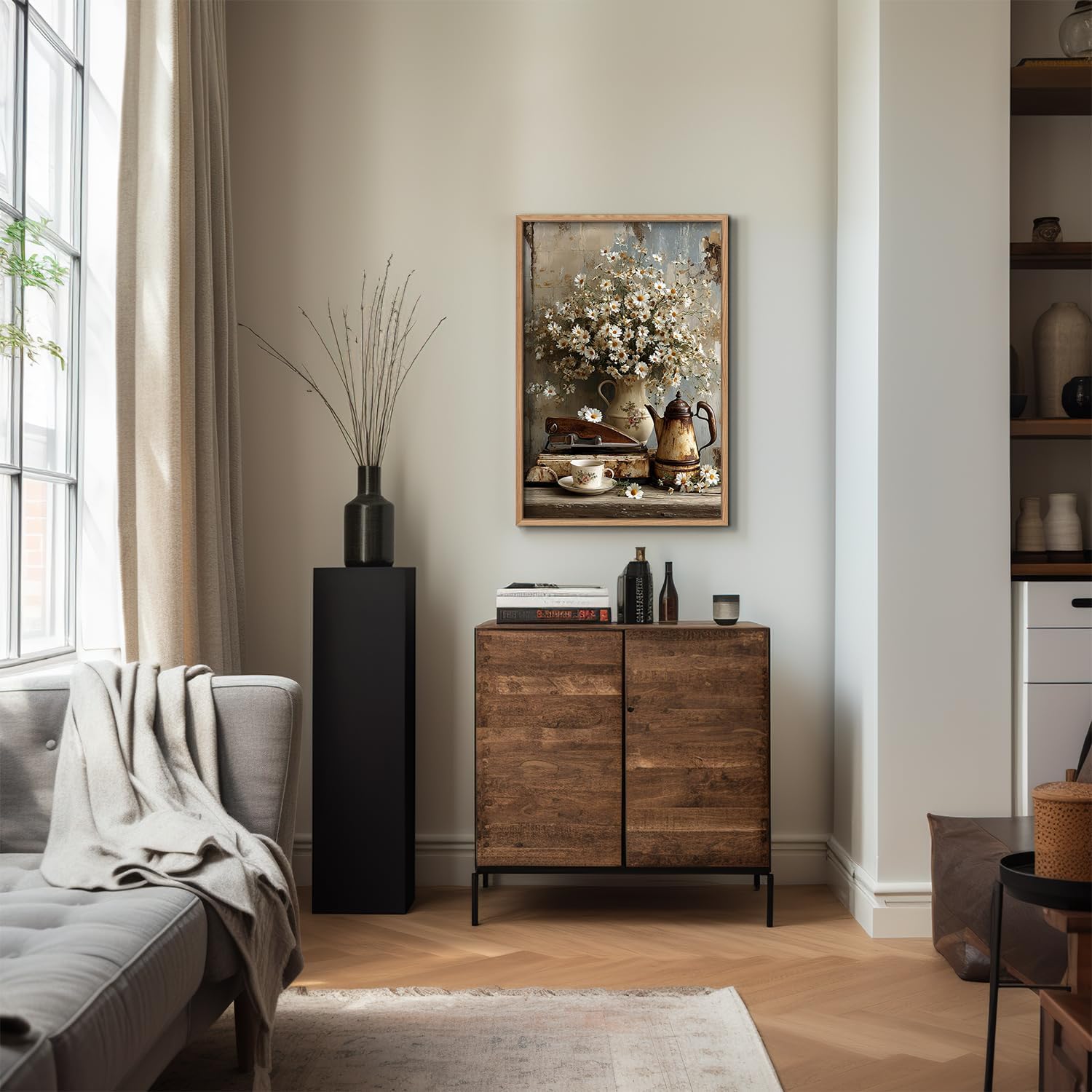 vandlife Framed Rustic Flower Canvas Wall Art Vintage Farmhouse Botanical Still Life Painting Print White Daisies Coffee Pot Iron Teacup Artwork for Living Room Dinin Room Kitchen Decor 18x24in