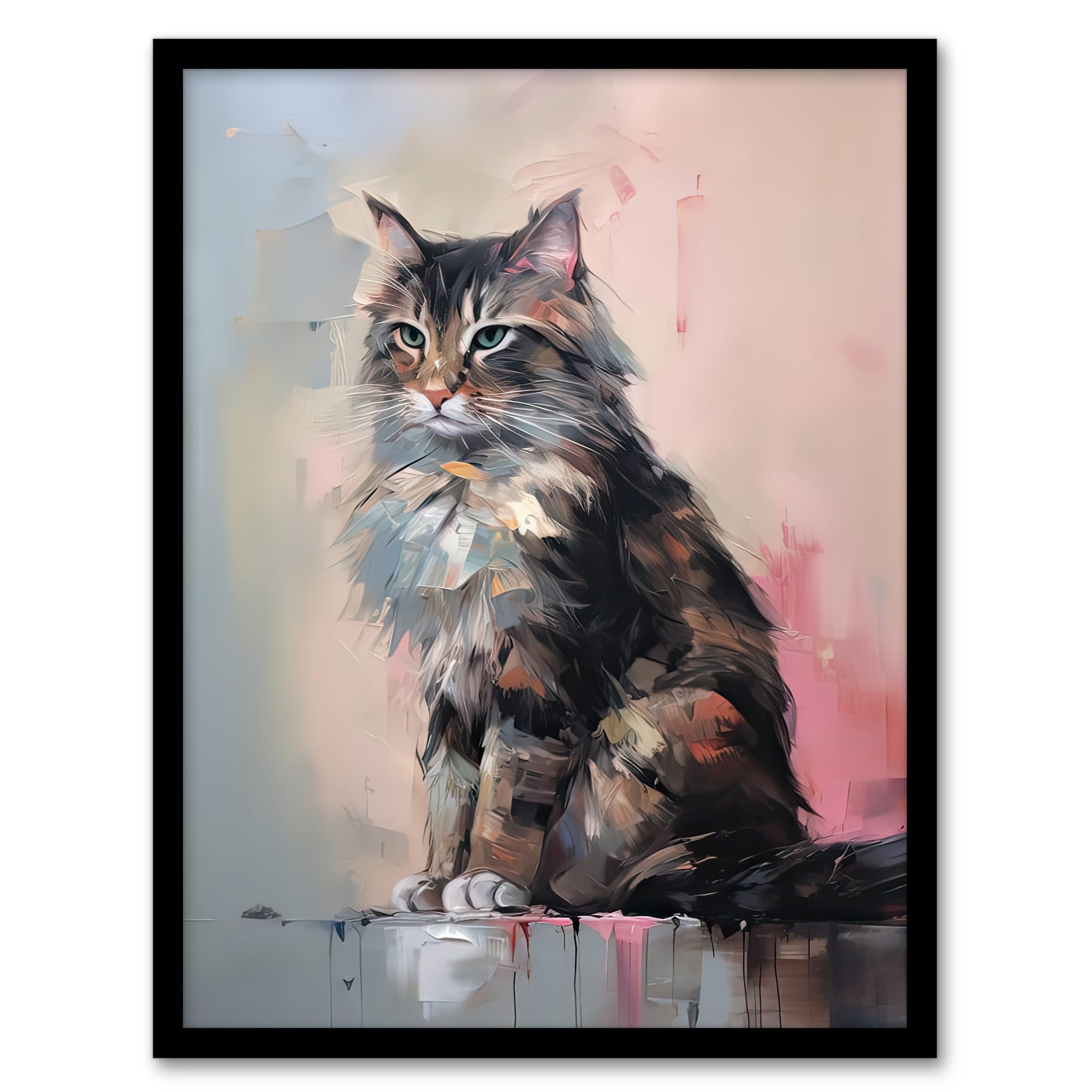 Artery8 Framed A4 Norwegian Forest Cat Perched On Wall Oil Painting Grey Pink Brown Elegant Pet Portrait Artwork Framed Wall Art Print A4