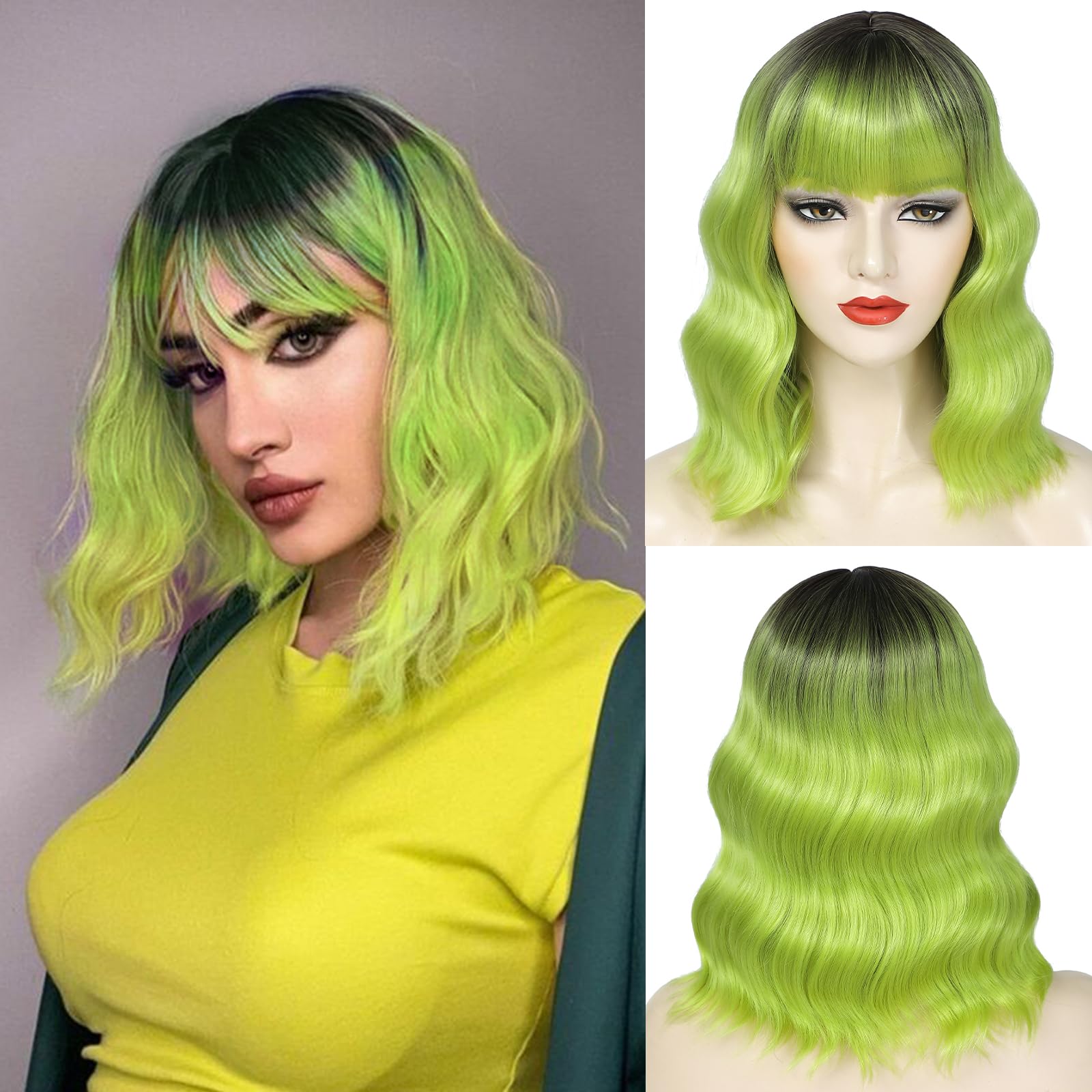 Ombre Green Short Bob Wavy Wigs with Bangs for Women Lime Green Loose Wavy Bob Wig Shoulder Length Synthetic Colorful Cosplay Wigs for Girl Halloween