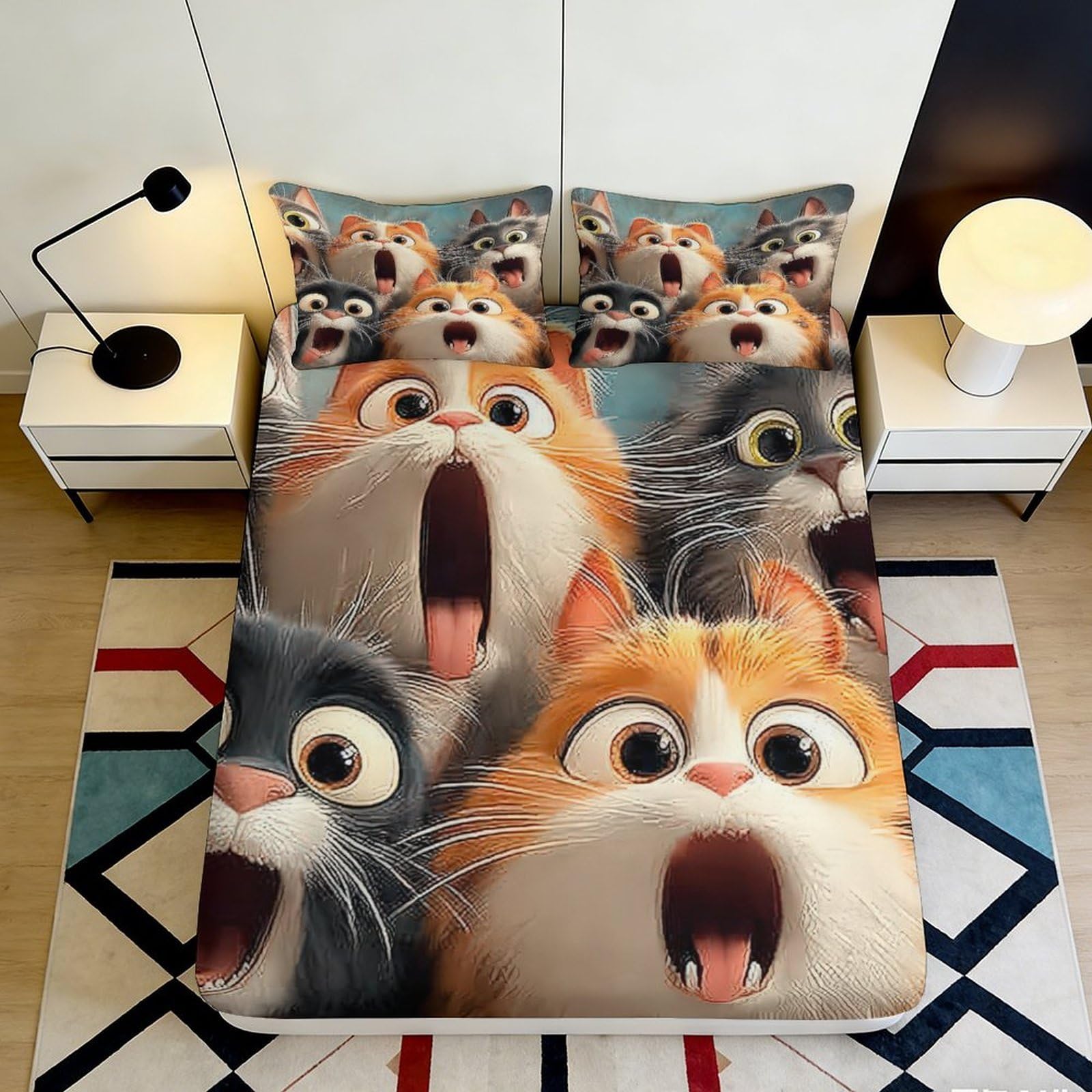 3D Printed Cartoon Cat Fitted Sheet Microfiber Soft Breathable Funny Animal Bed Sheet for Bedroom Dorm Mattress Decor 180x200x25cm