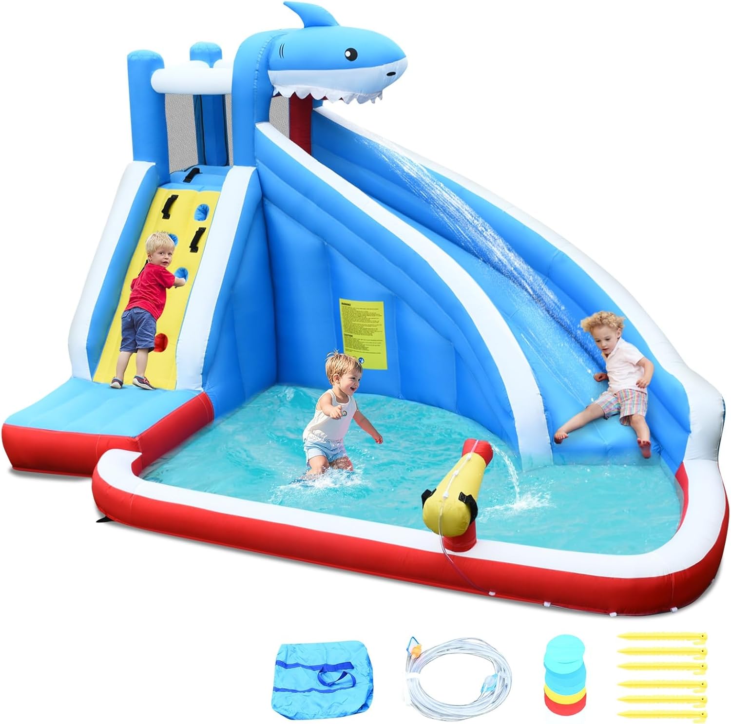 OLAKIDS Inflatable Water Slide, Shark Theme Bounce House with Slide, Splash Pool, Climbing Wall, Water Gun, Outdoor Jumping Castle with Hose, Carry Bag, Repairing Kit
