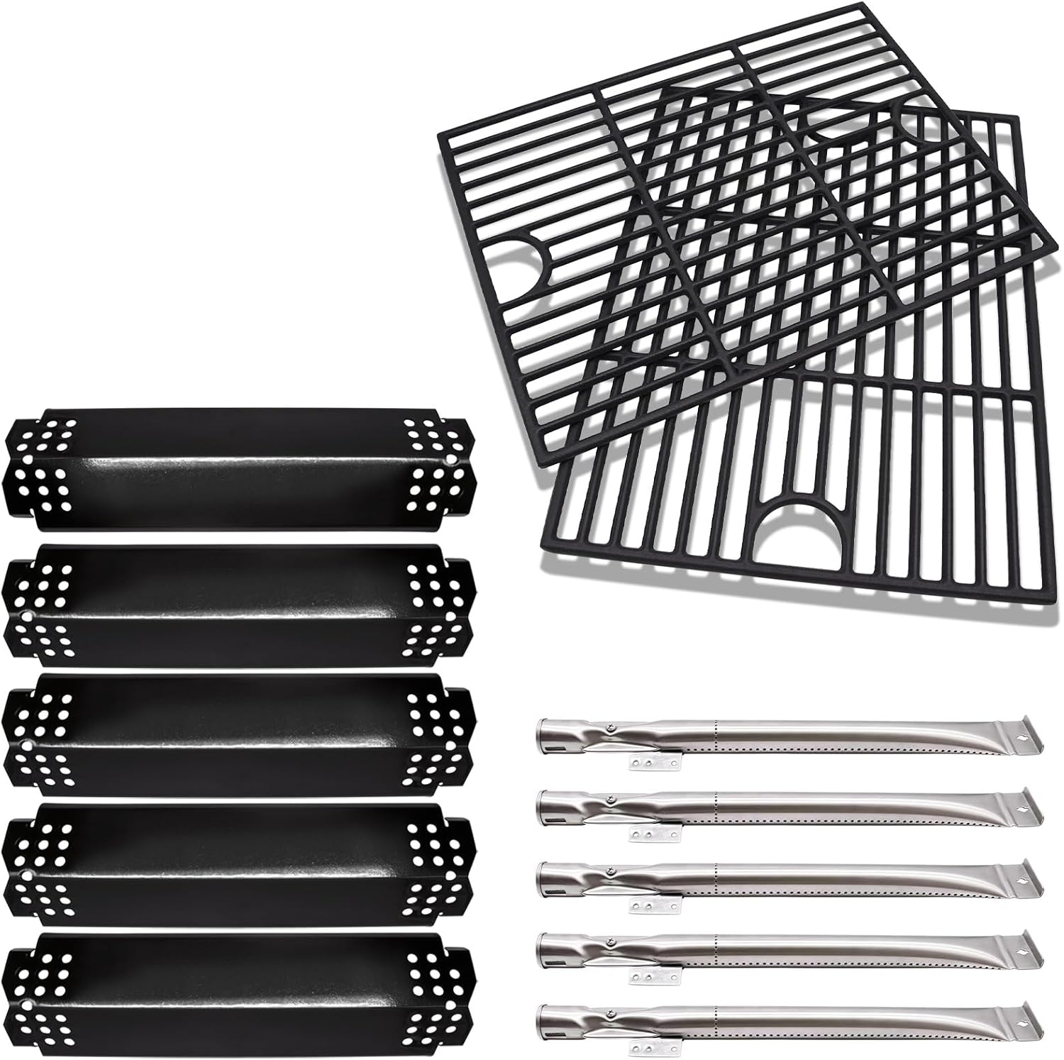 Grill Grates Replacement 17 Inch for Nexgrill 5 Burner 720-0888, 720-0888N, 720-0888S, 4 Burner 720-0830H,, Cast Iron BBQ Grill Cooking Grates, Stainless Burner Tubes, Porcelain Heat Shields Plates.