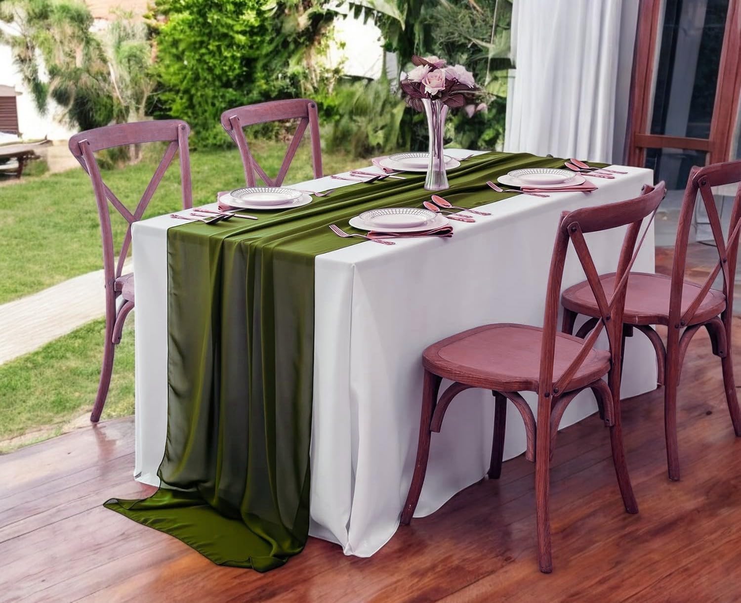 VDS Pack of 6 Chiffon Table Runner 27” x 120” (10ft) – Sheer Soft Flowing Fabric Wedding Table Runner for Party, Reception, Birthday, Event, Home, Banquet & Hotel Dinner Table Décor - Olive Green