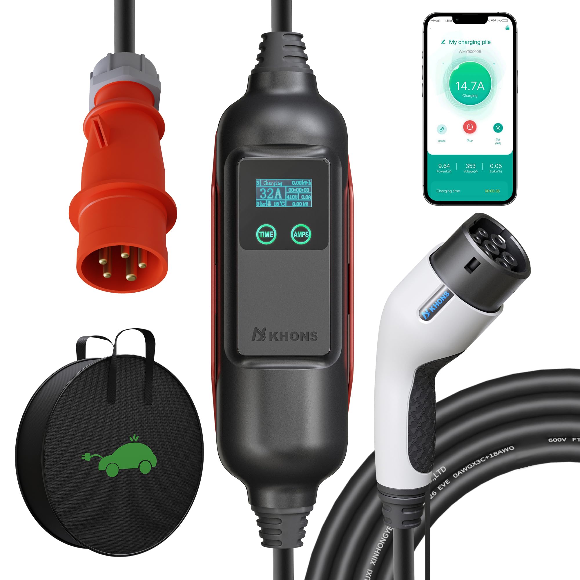 Cargador Coche Electrico 22kW/32A/Trifásica Cargador Carro Electrico con Potencia de Carga Ajustable, Contrôle APP Wallbox EV Cargador Tipo 2, Cable Carga Coche Electrico IEC 62196-2 CEE IP65