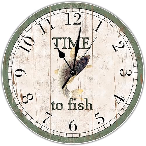 Time to Fish - Reloj de pared de madera con números de carpa, reloj de cuarzo sin tictac, funciona con pilas, océano de 12 pulgadas, estilo vintage,