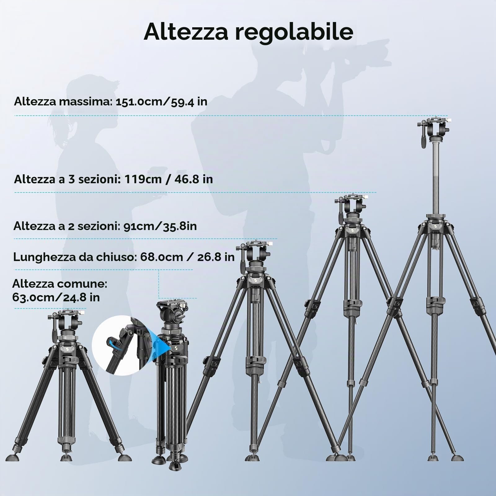 SMALLRIG AD-50Pro Treppiede Video Heavy Duty, 59" Treppiede Leggero in Fibra di Carbonio con Regolazione dell'Altezza in Un Solo Passaggio, Testa Fluida, Piastra QR a Doppia Modalità, Max. 6 kg - 4420