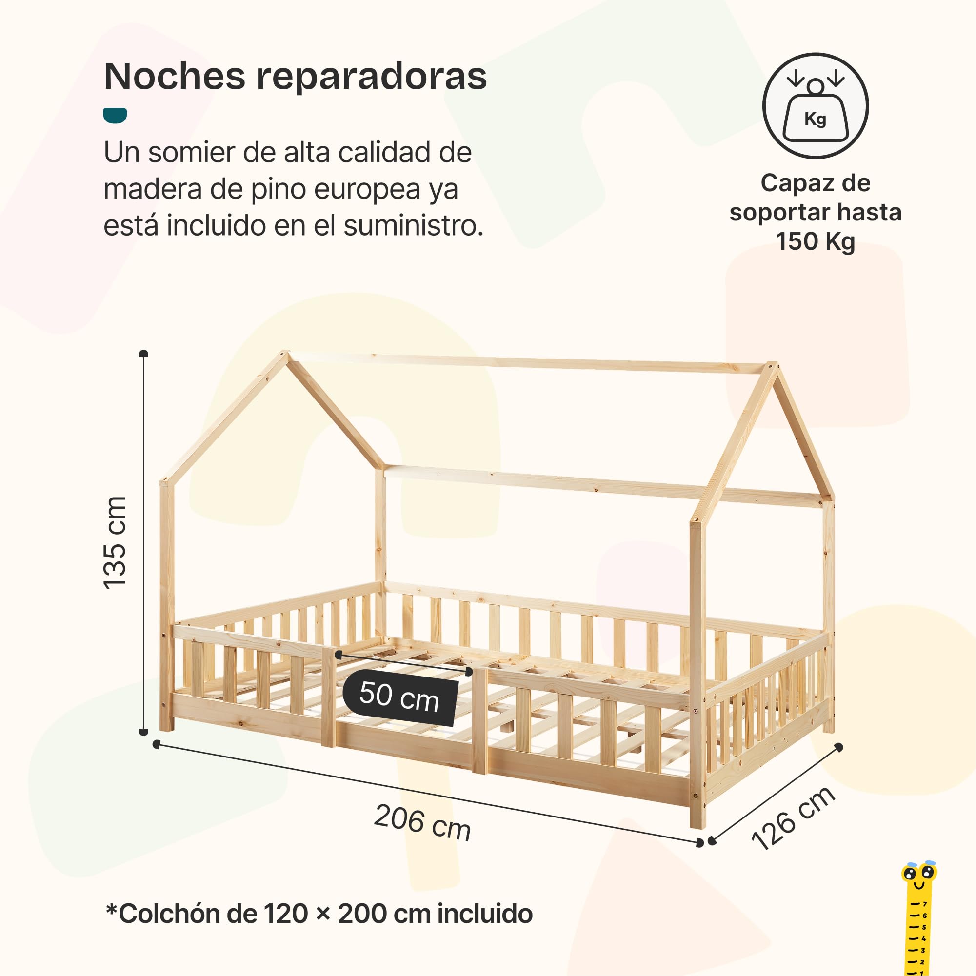 [en.casa] Cama para Niños de Madera Pino Sisimiut con Colchón Espuma Fría 120 x 200 cm Cama Infantil con Reja Protectora Somier Forma de Casita - Pino Natural