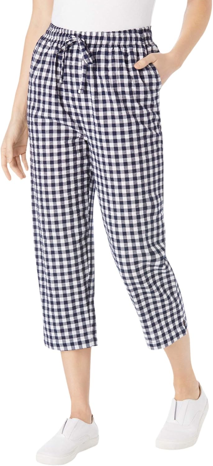 Woman Within Plus Size Seersucker Pull-On Elastic-Waist Capri Pants