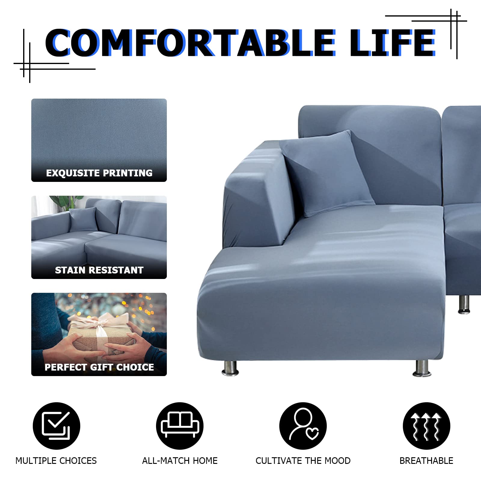 Lydevo Copridivano con Penisola Elasticizzato,Copridivano Angolare a Sinistra/Destra Universale con 2 Federi,Fodere Divano Penisola Forma di L,Chaise Longue Sofa Cover(3 Posti+4 Posti,Grigio Blu)