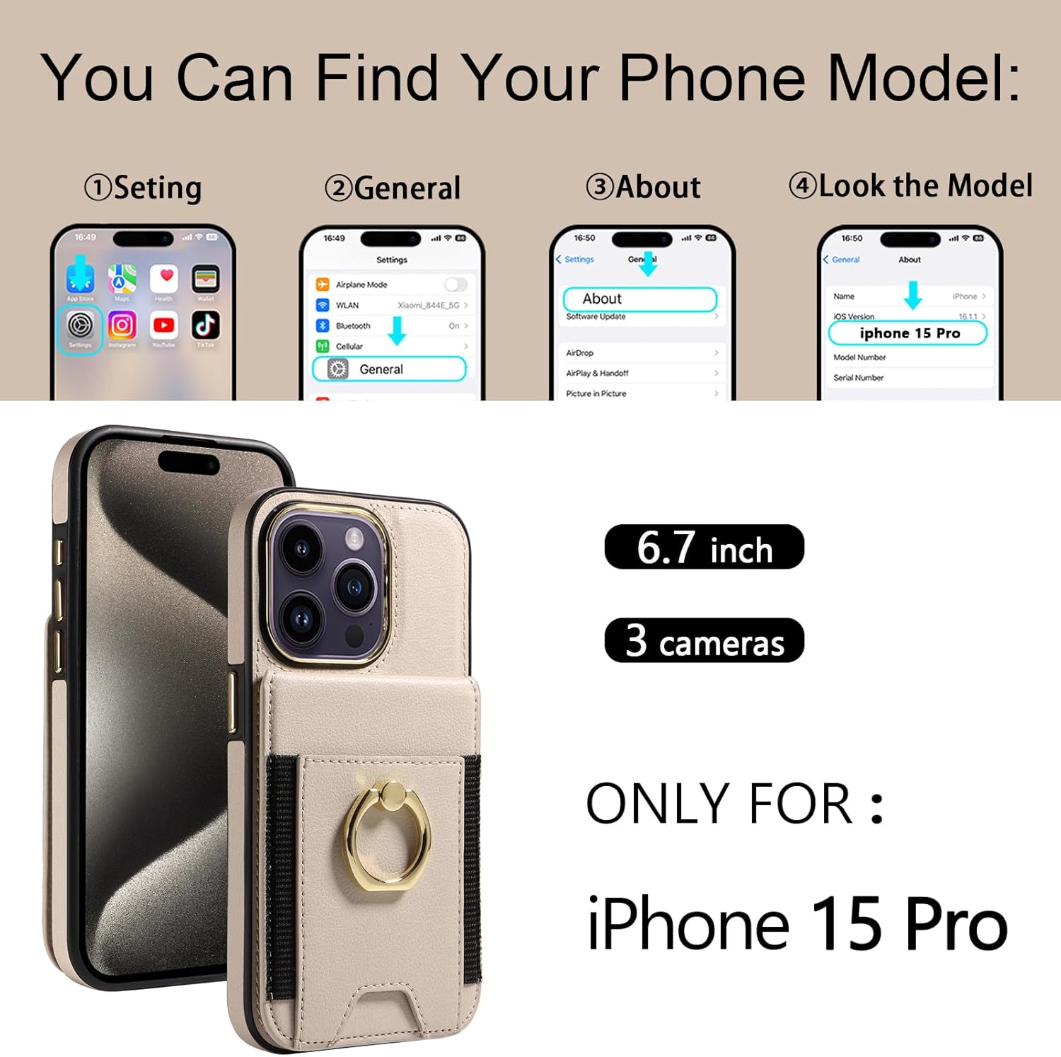 for iPhone 15 Pro Wallet Case with Credit Card Holder and 360° Rotation Ring Stand, RFID Block Flip Leather Shockproof Cover for iPhone 15 Pro-Beige - Image 2