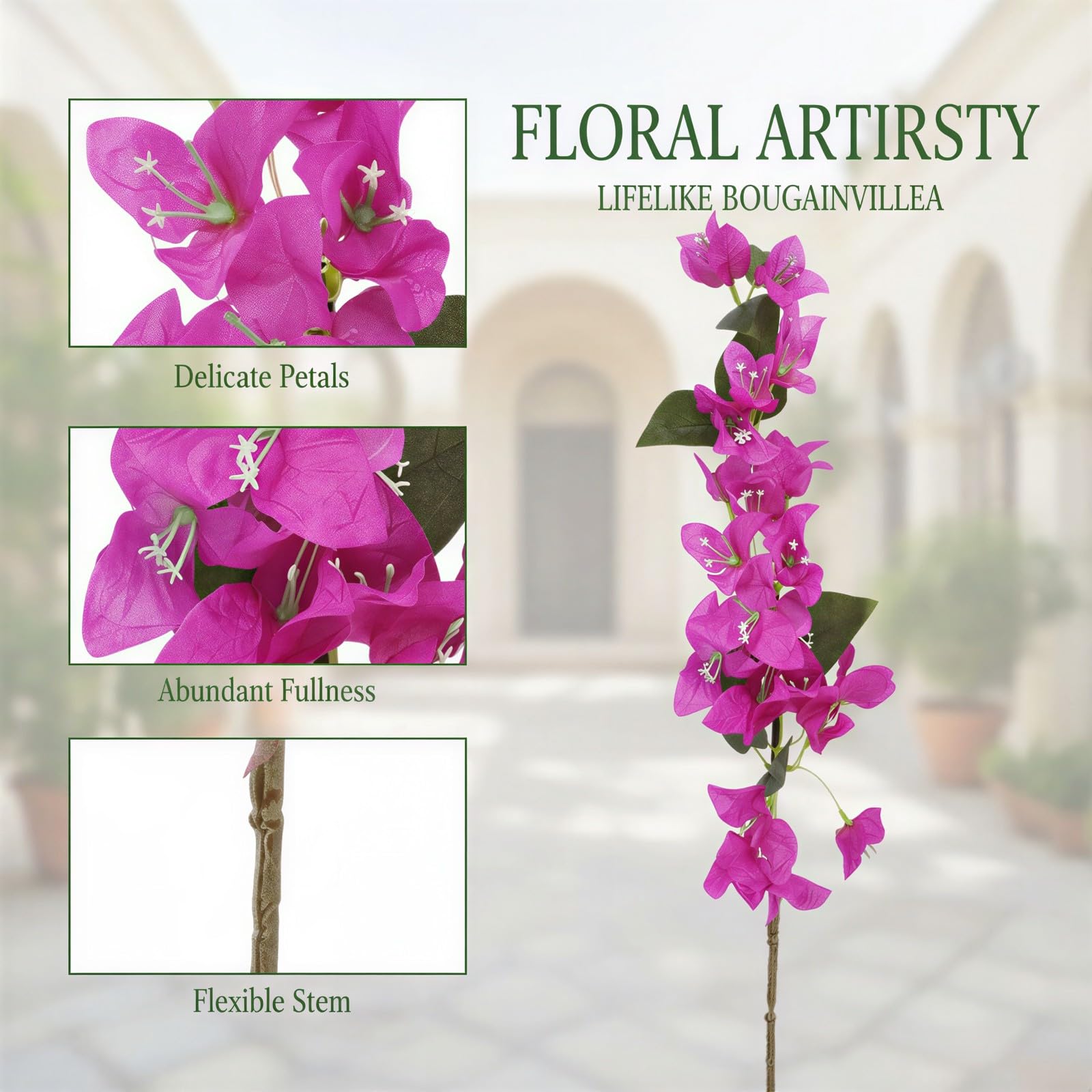 12 STK. Künstliche Bougainvillea-Blumen, 80 cm Seidenzweige mit grünen Blättern, realistische Violette Hängegirlanden für Hochzeitsdeko, Wohnraum, Garten und Wanddekoration