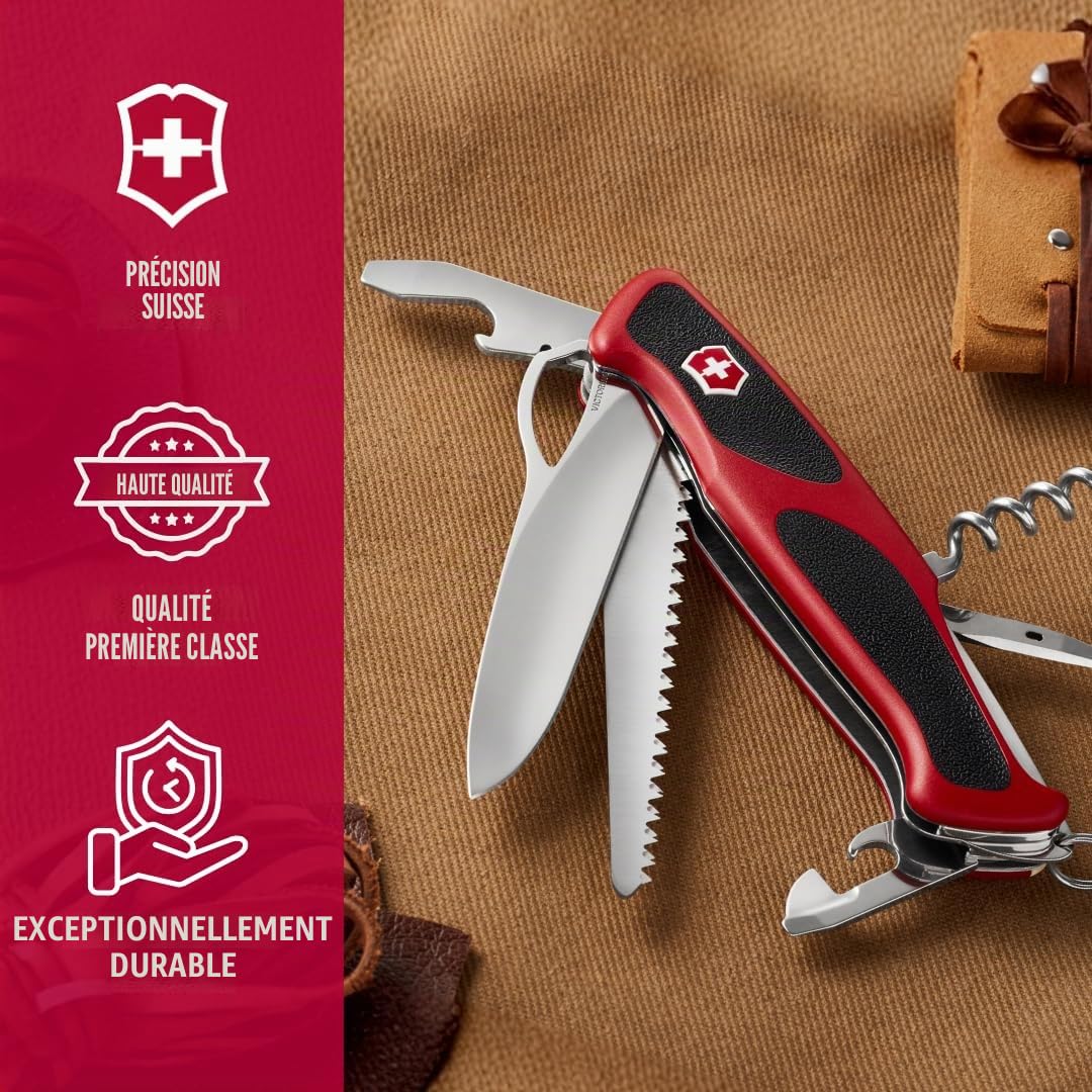 Victorinox Ranger Grip 79 Couteau multifonction de Poche Suisse, Multitool, 12 Fonctions, Lame Fixe, Ouverture Une Main, Rouge/Noir