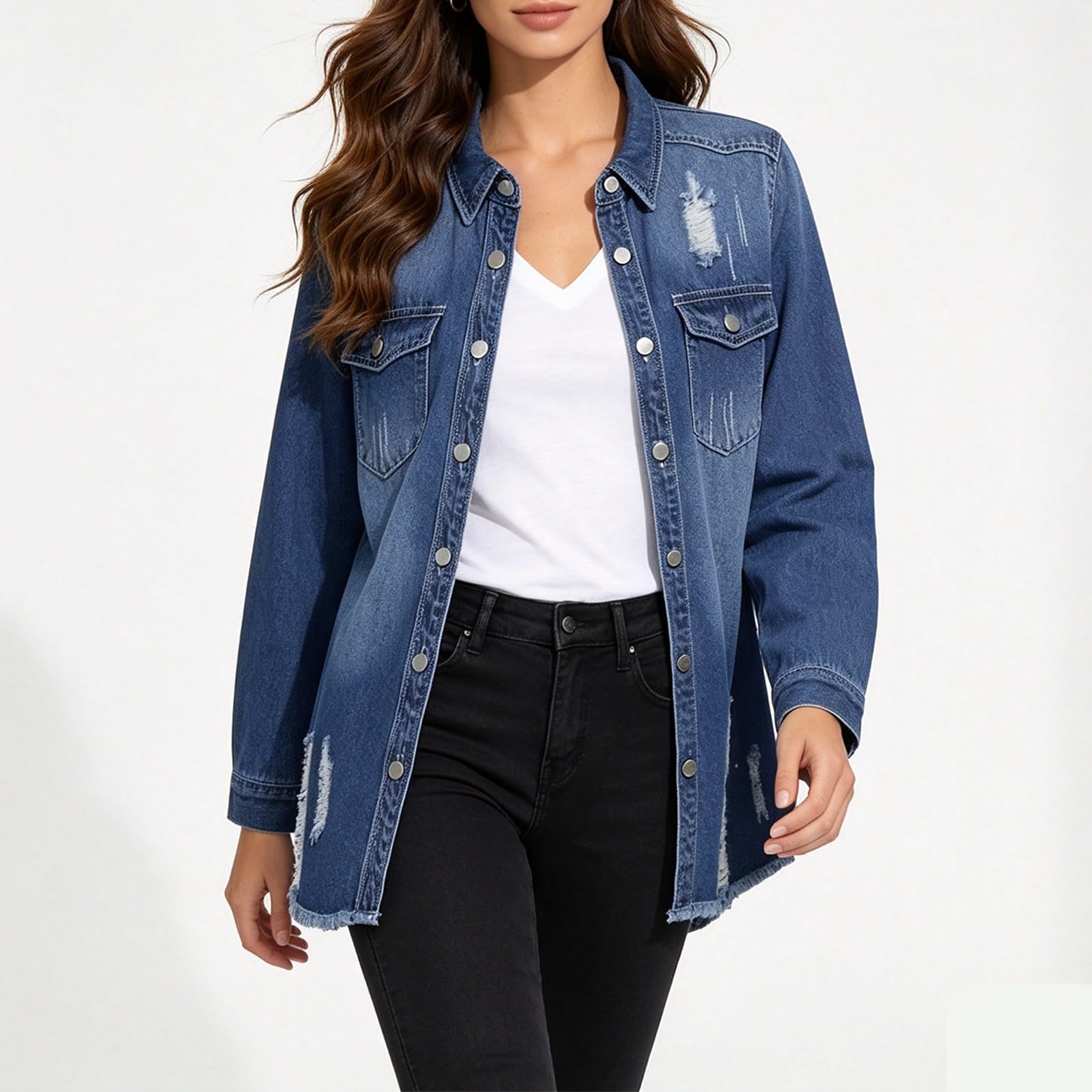 Damen lange, gewaschene Jeansjacke als lässiger, offener Langarmmantel, klassischer Denim-Look für Alltag und kühle Sommerabende