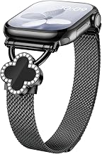 Knossen Compatible Apple Watch Band Stainless Steel Four Leaf Clover Compatible with Apple Watch 38mm 40mm 41mm 42mm 44mm 45mm 46mm 49mm Magnet Milanese Metal Band Women's Apple Watch Strap Compatible