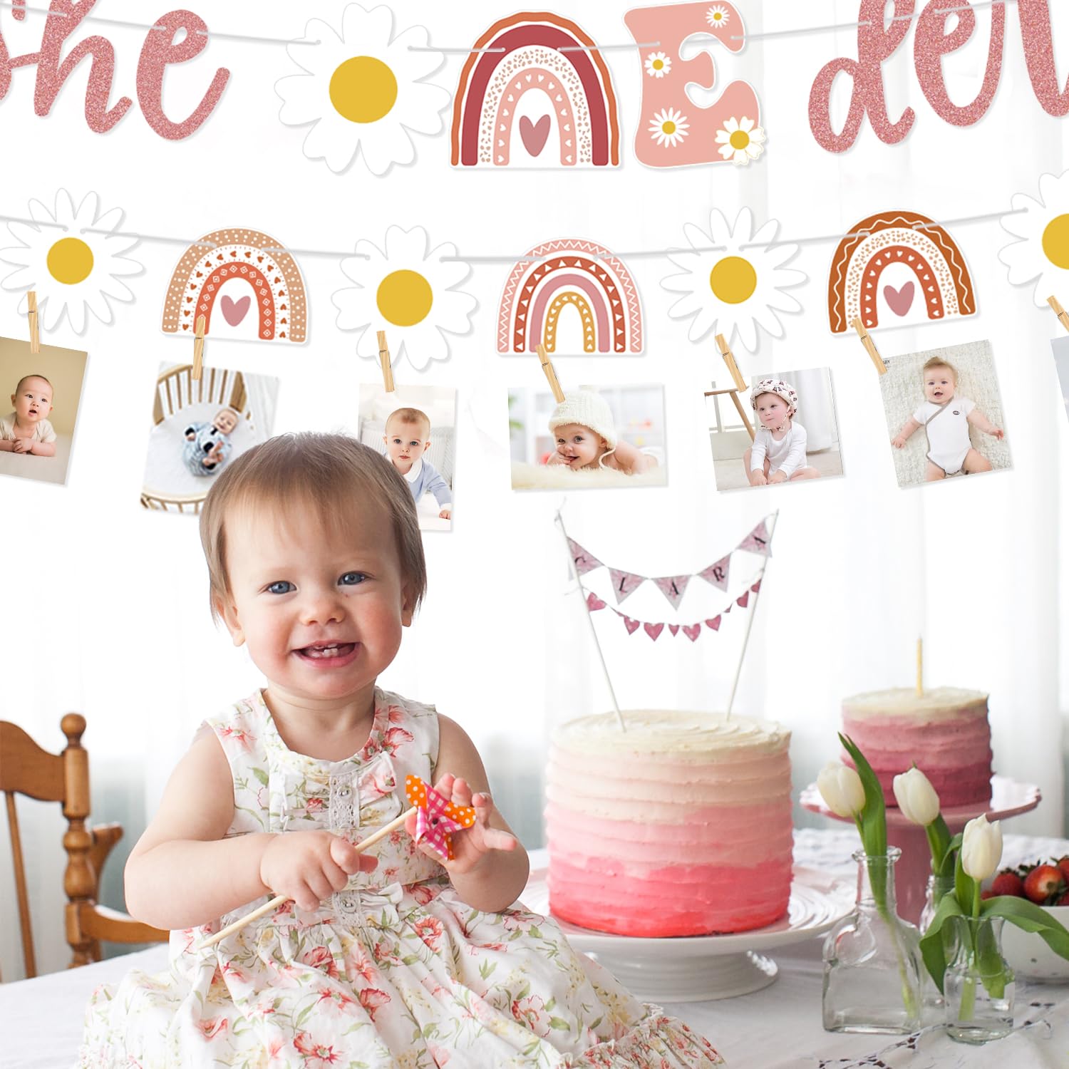 Set Striscioni Primo Compleanno Boho 'Isn't She Lovely' - Arcobaleno E Margherite - Con Clip In Legno Per Foto Mensili