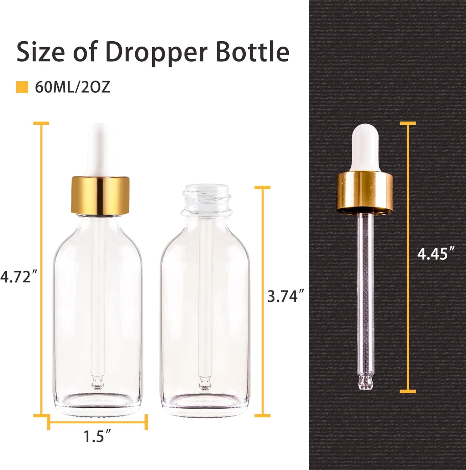 48 Pack 2oz Clear Glass Dropper Bottles, Eye Dropper Bottles with Glass Droppers for Essential Oils, Perfumes(60ml, Gold)