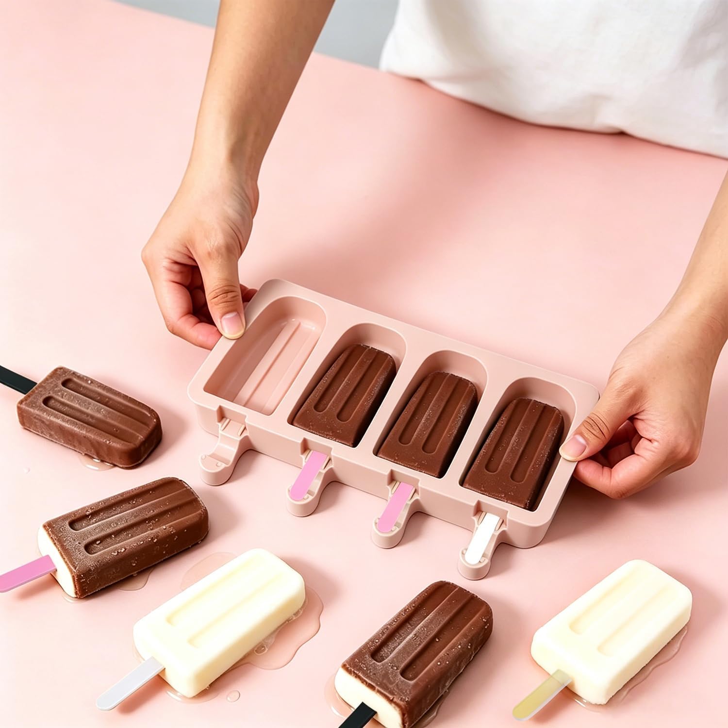 Mini Skater Large 4 Cavities Silicone Cake Ice Pop Mold with Lid & 12pcs Acrylic Sticks for Ice Cream,Reusable Funny Soft Popsicles Mold for Home Maker,Party,Summer,Family Day (Pink, Classic & Strip)