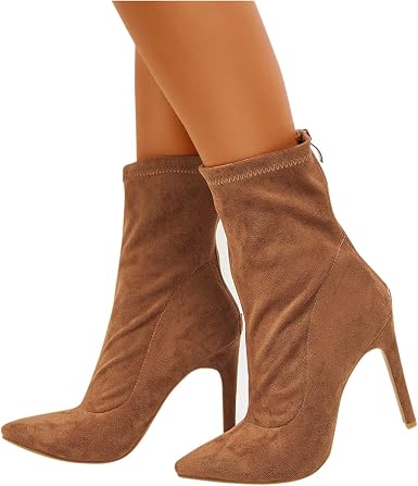 Amazon.com: Botas de tacón alto para mujer, botas de ante de media  pantorrilla, botas de tacón alto, botas de combate gruesas, Marrón, 8.5 :  Ropa, Zapatos y Joyería